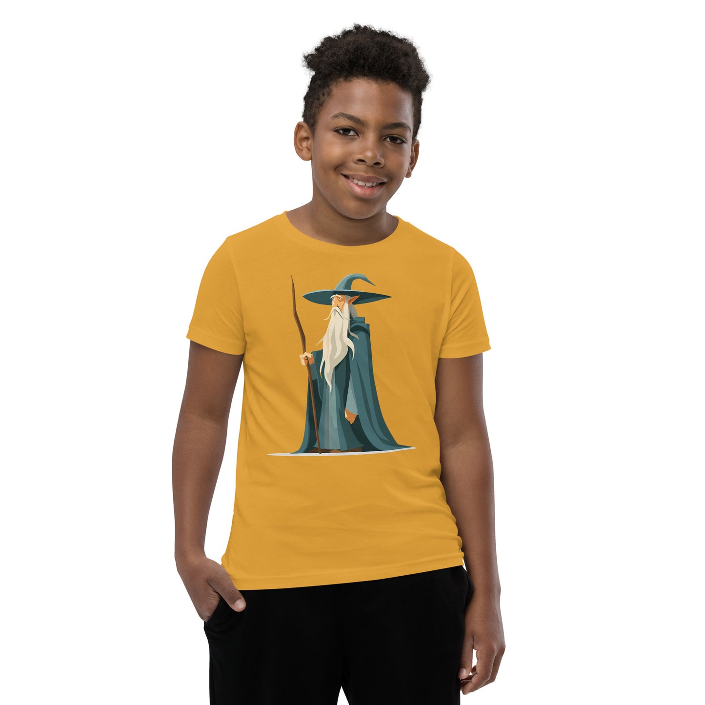 Boy with a mustard T-shirt with a picture of a magician