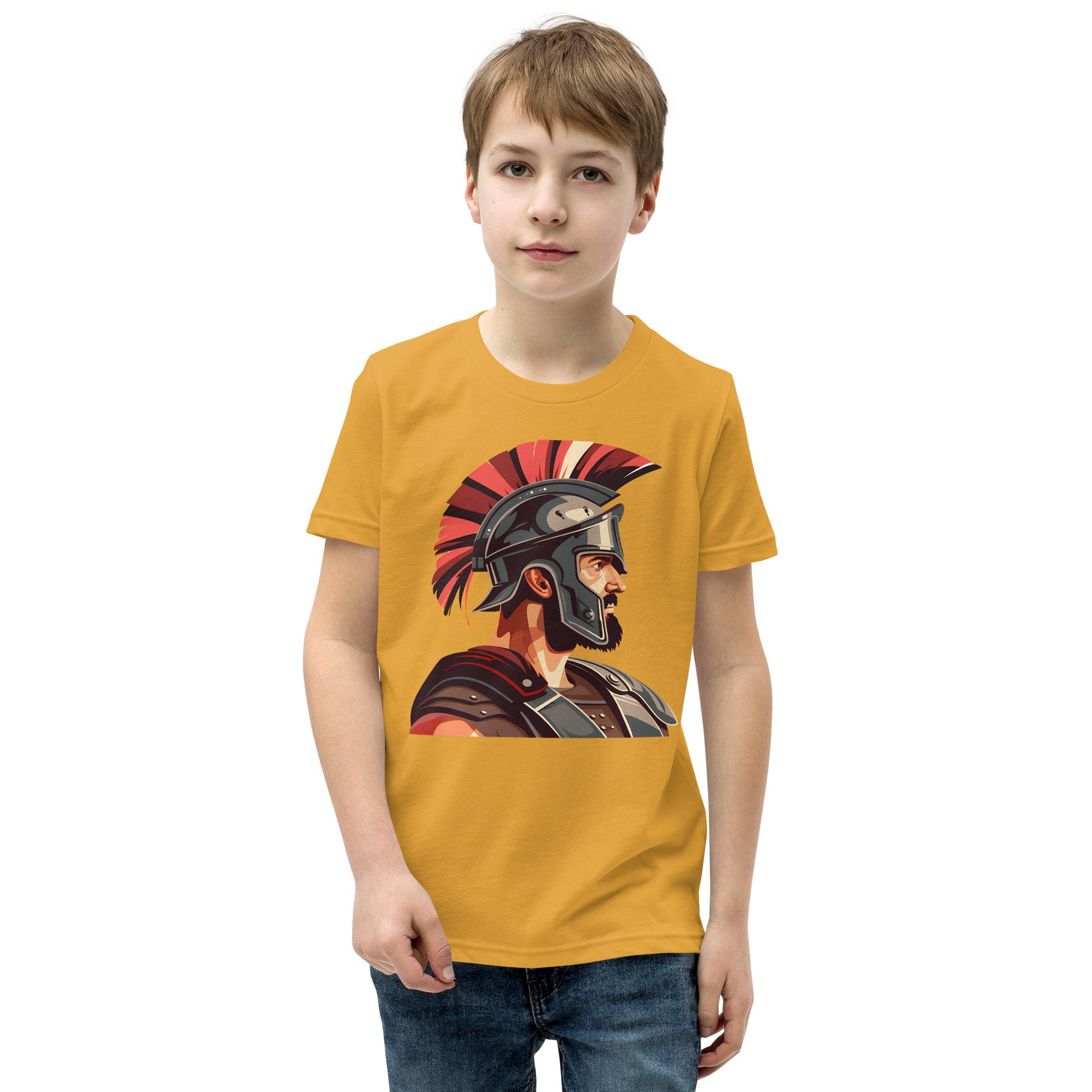 Teenager with a mustard T-shirt with a print of a warrior