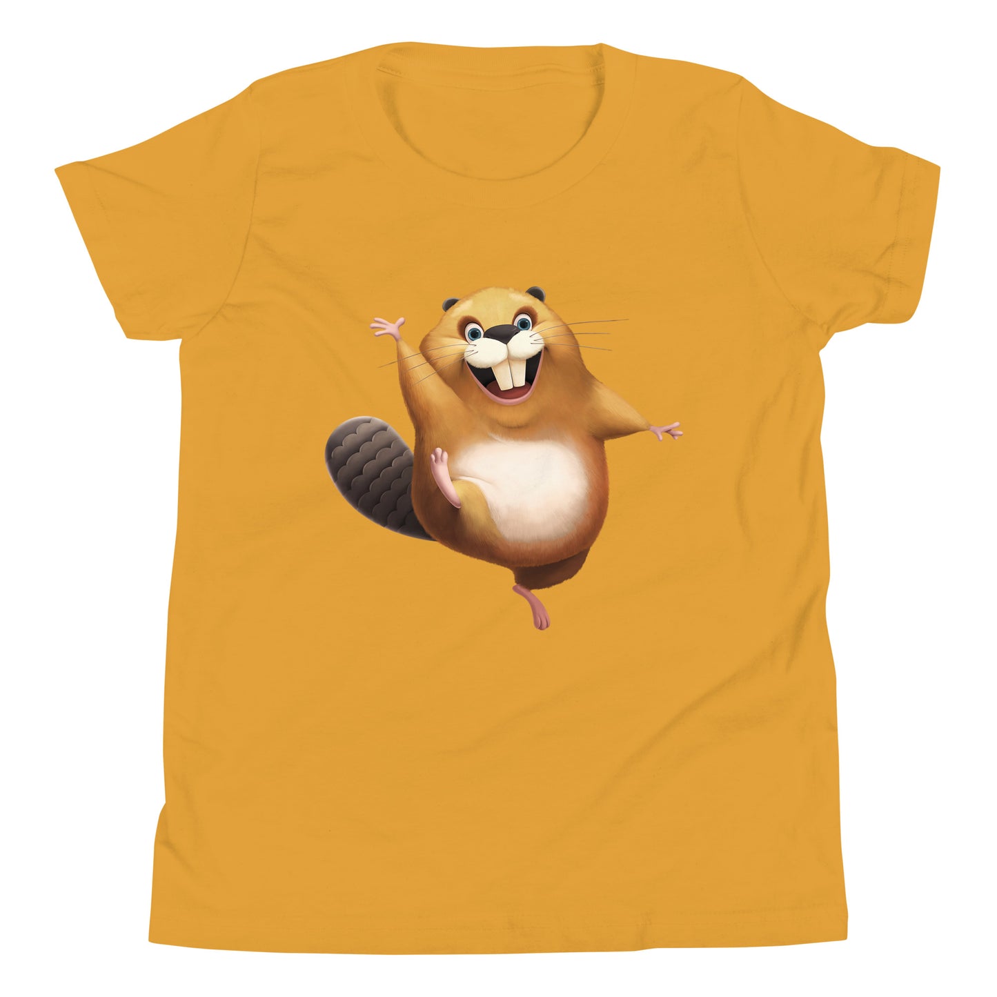Mustard yellow youth staple tee with happy beaver
