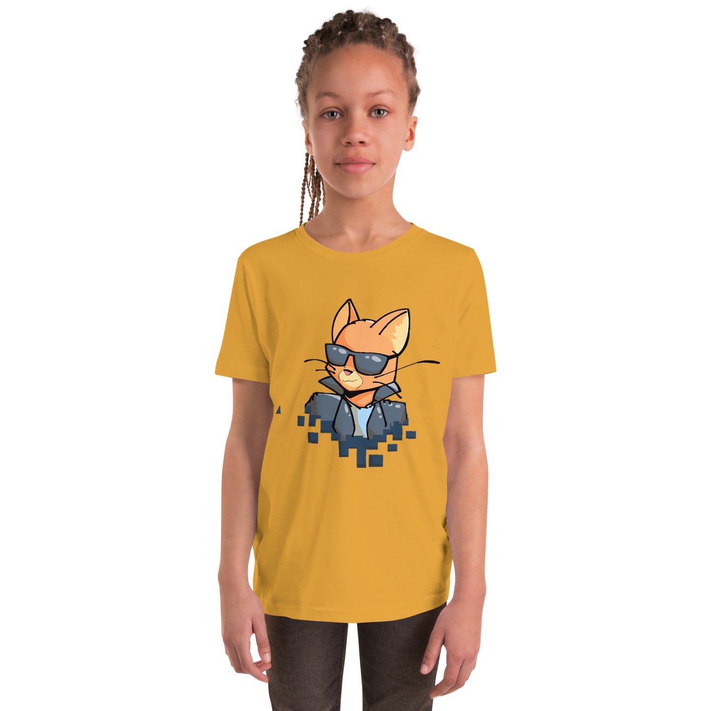 Youth staple tee in mustard yellow with cool cat