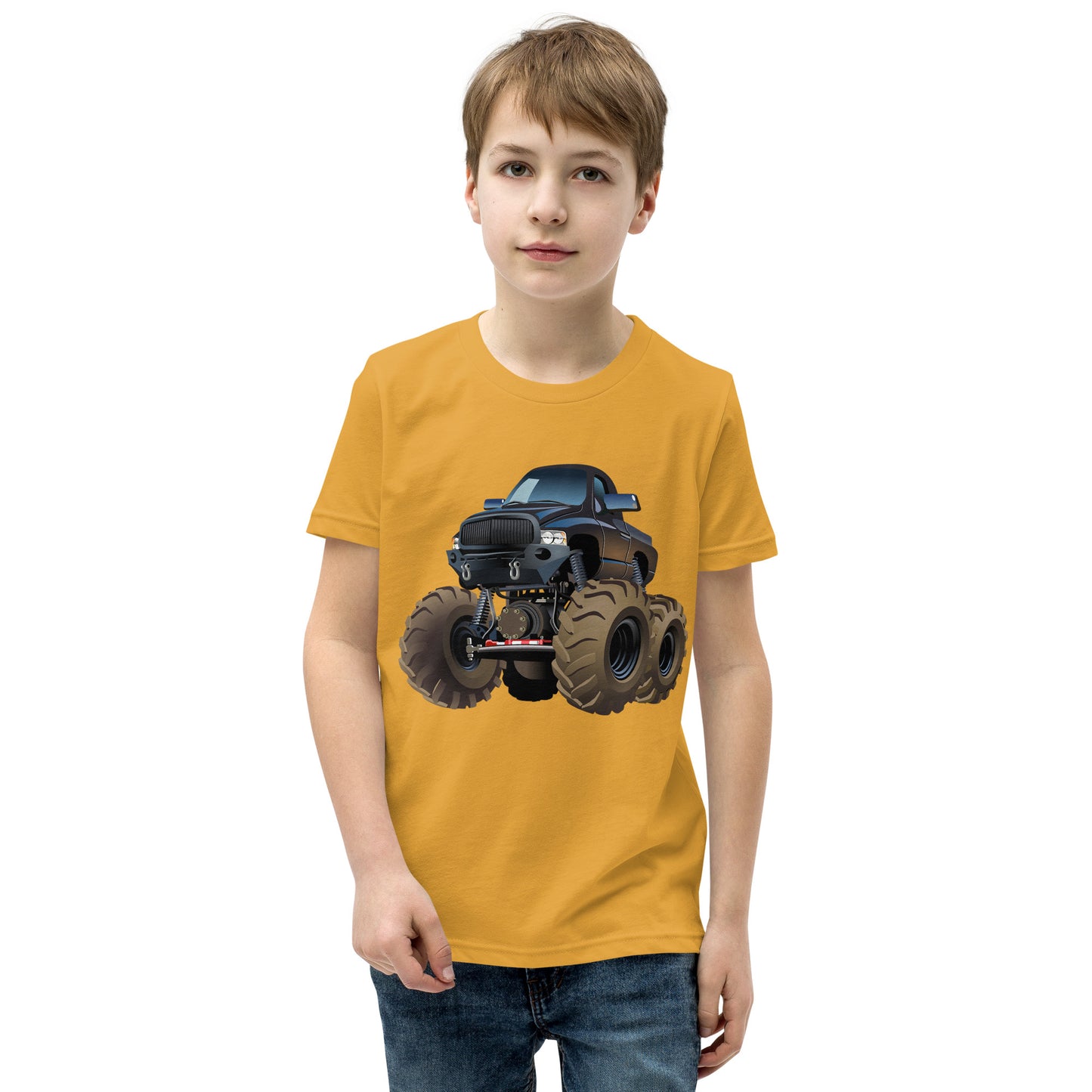 Boy with mustard T-shirt with picture of a monstertruck