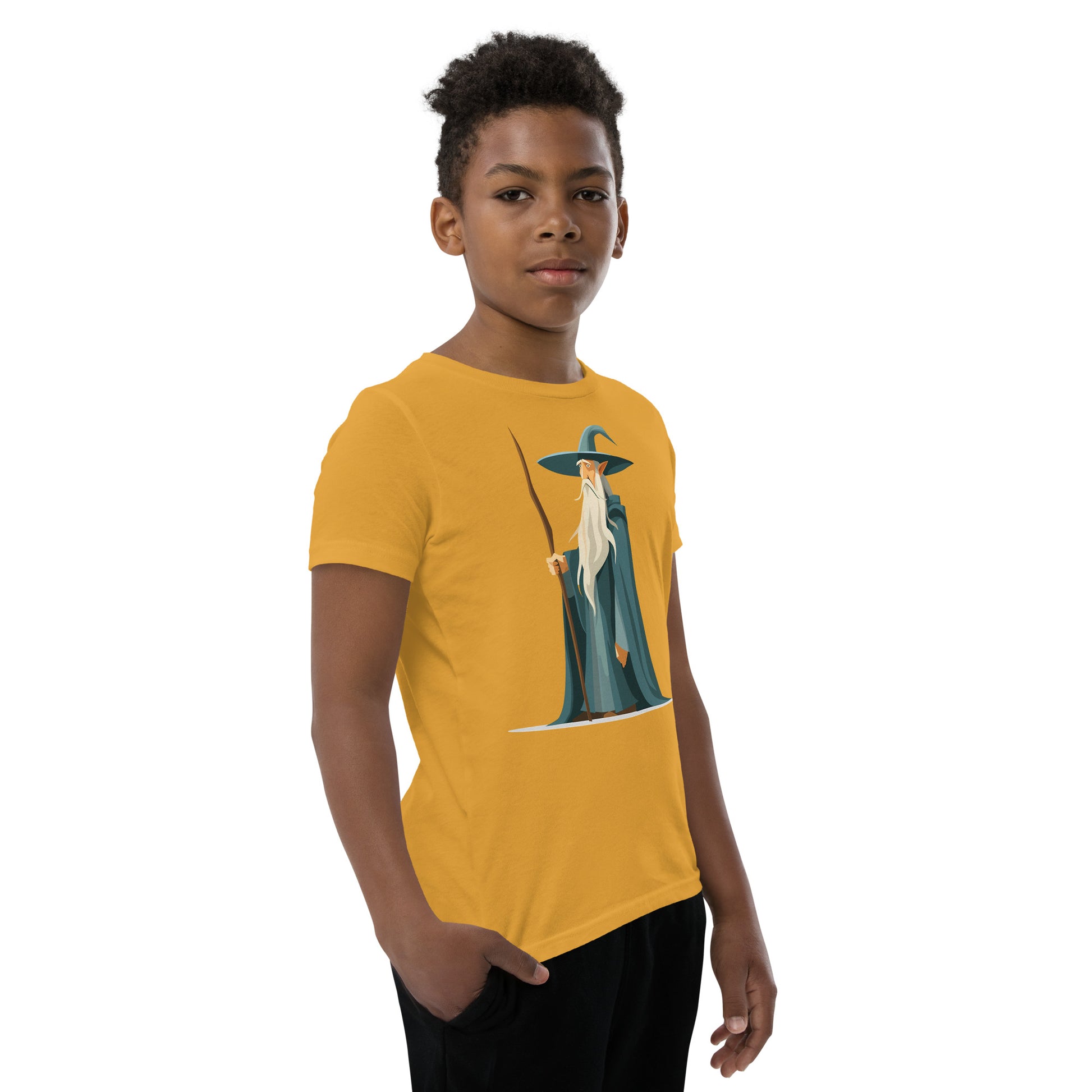 Boy with a mustard T-shirt with a picture of a magician