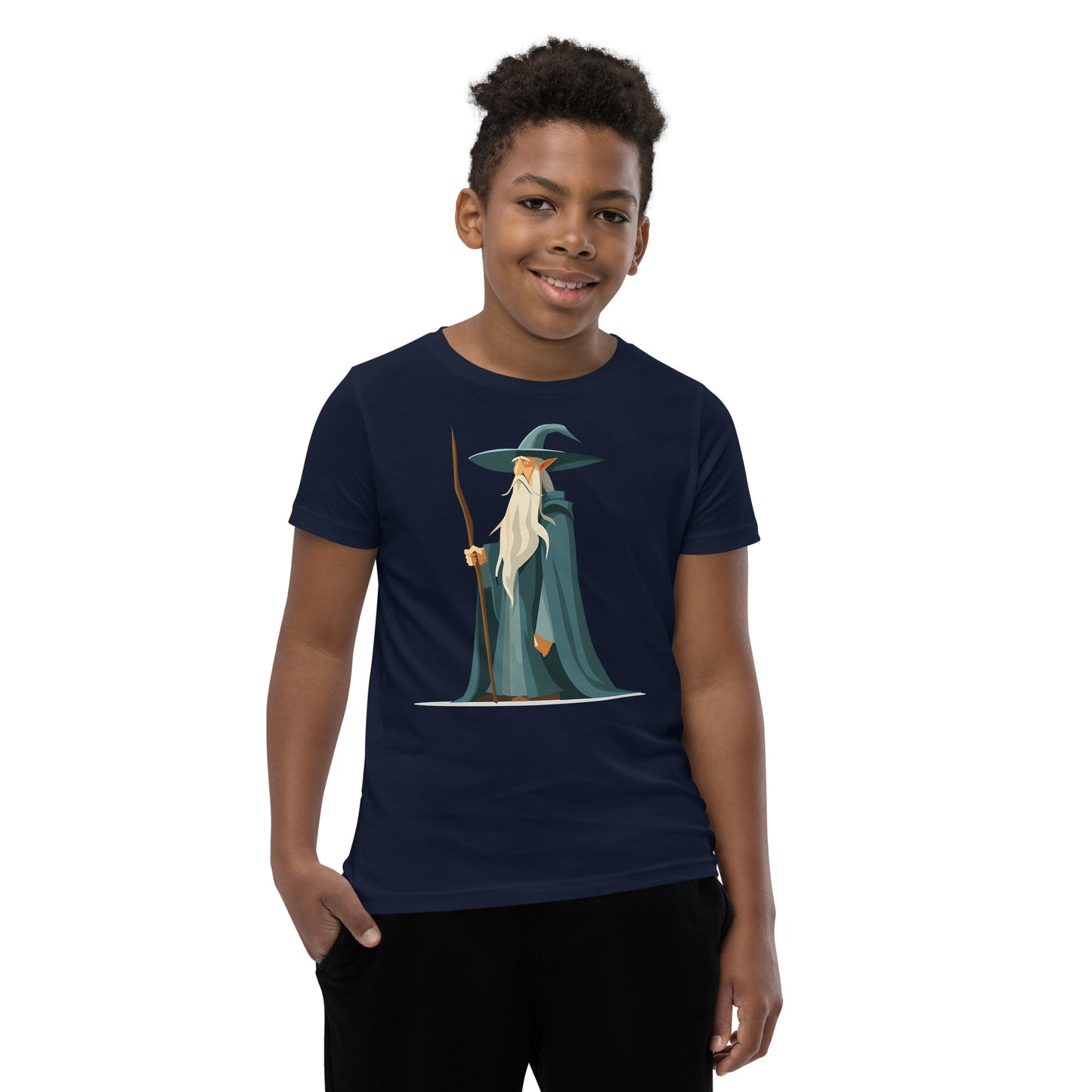 Boy with a navy T-shirt with a picture of a magician