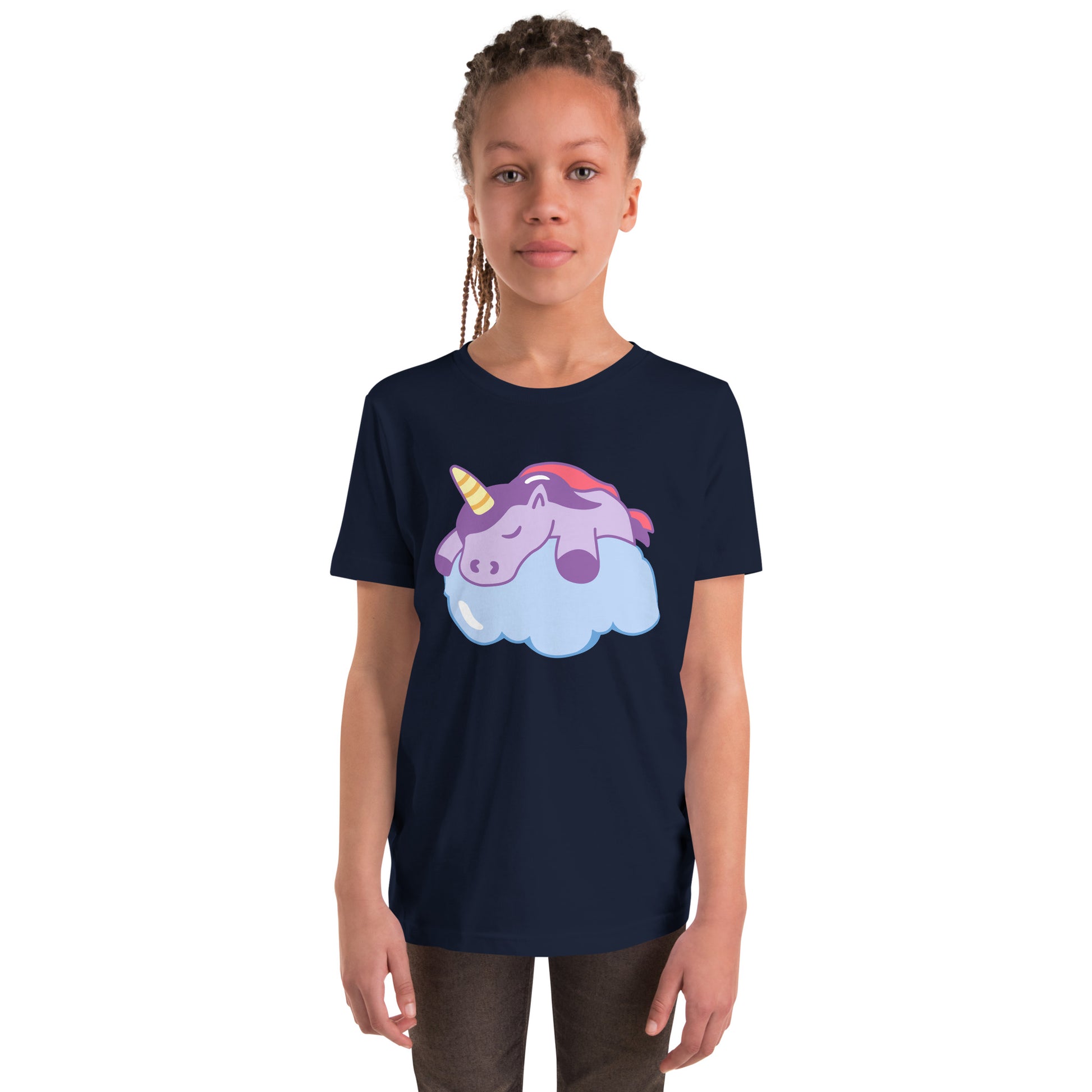 Youth with a navy T-shirt with a print of a sleeping unicorn on a cloud