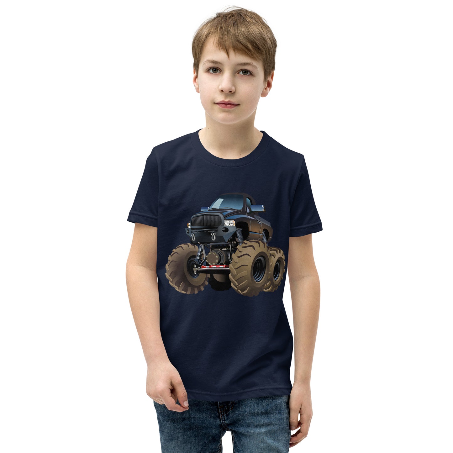 Boy with navy T-shirt with picture of a monstertruck