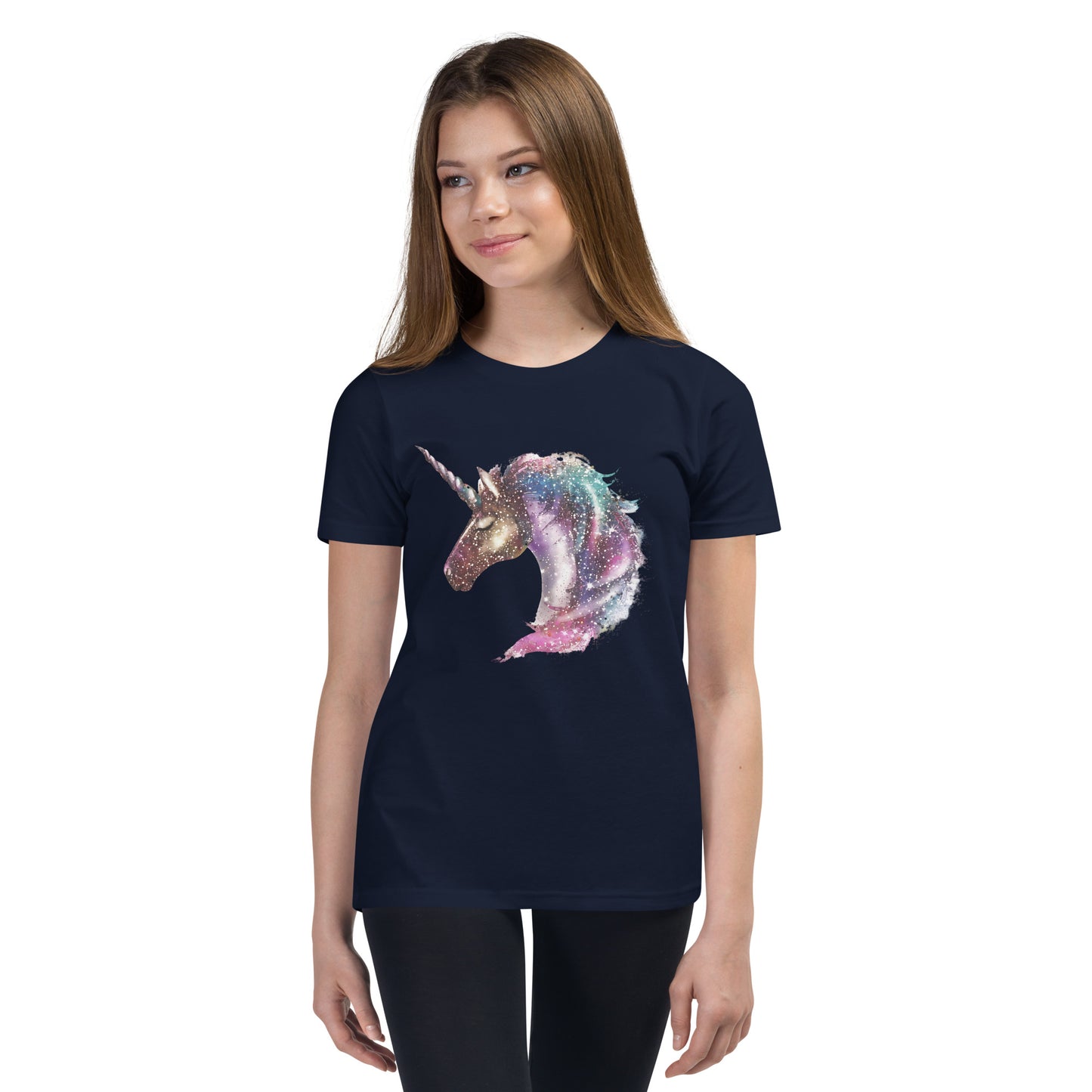 Girl with navy blue T-shirt with print of a unicorn