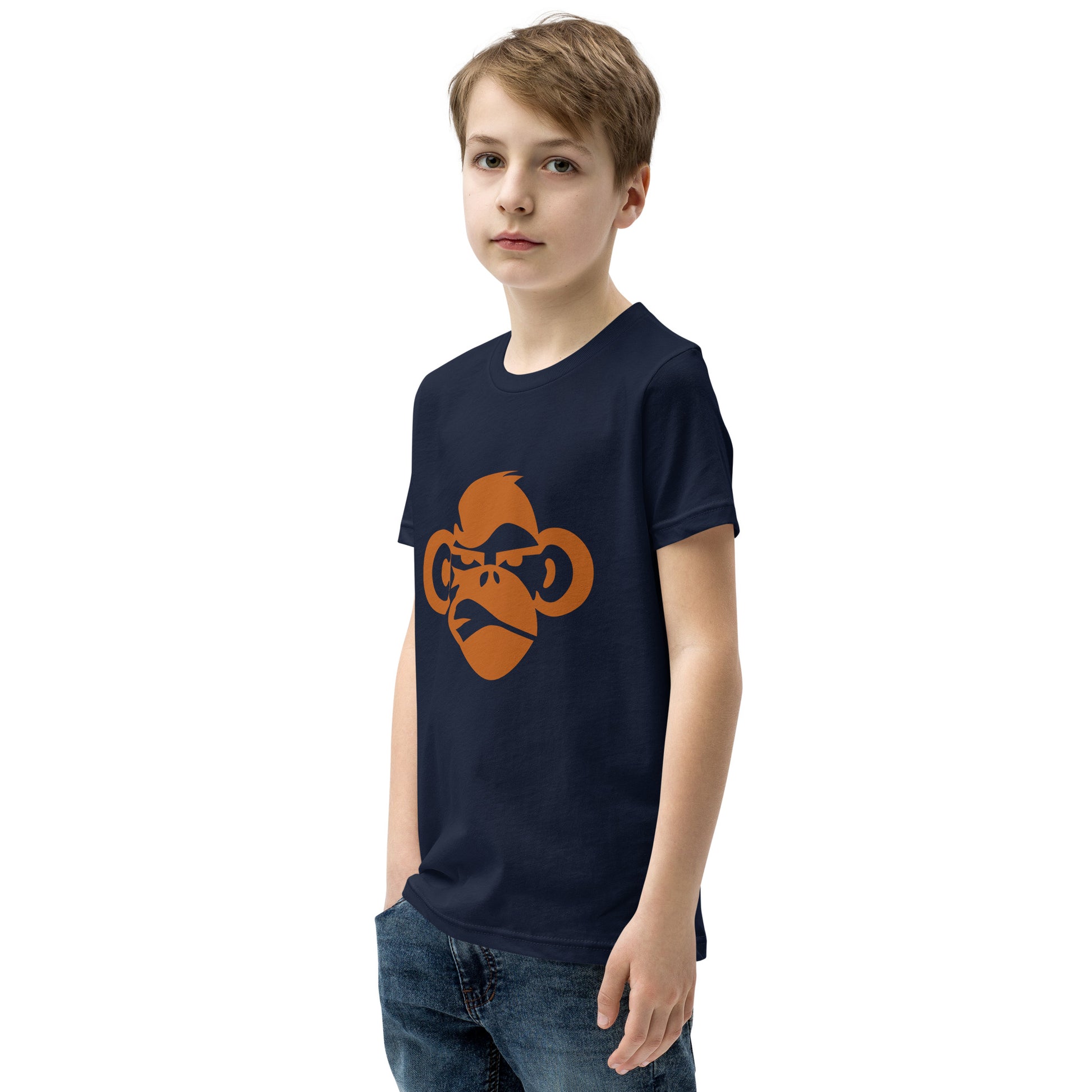 Youth with navy T-shirt with a print of a head of a monkey in color brown