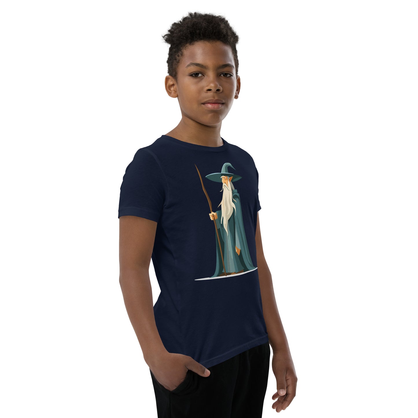 Boy with a navy T-shirt with a picture of a magician