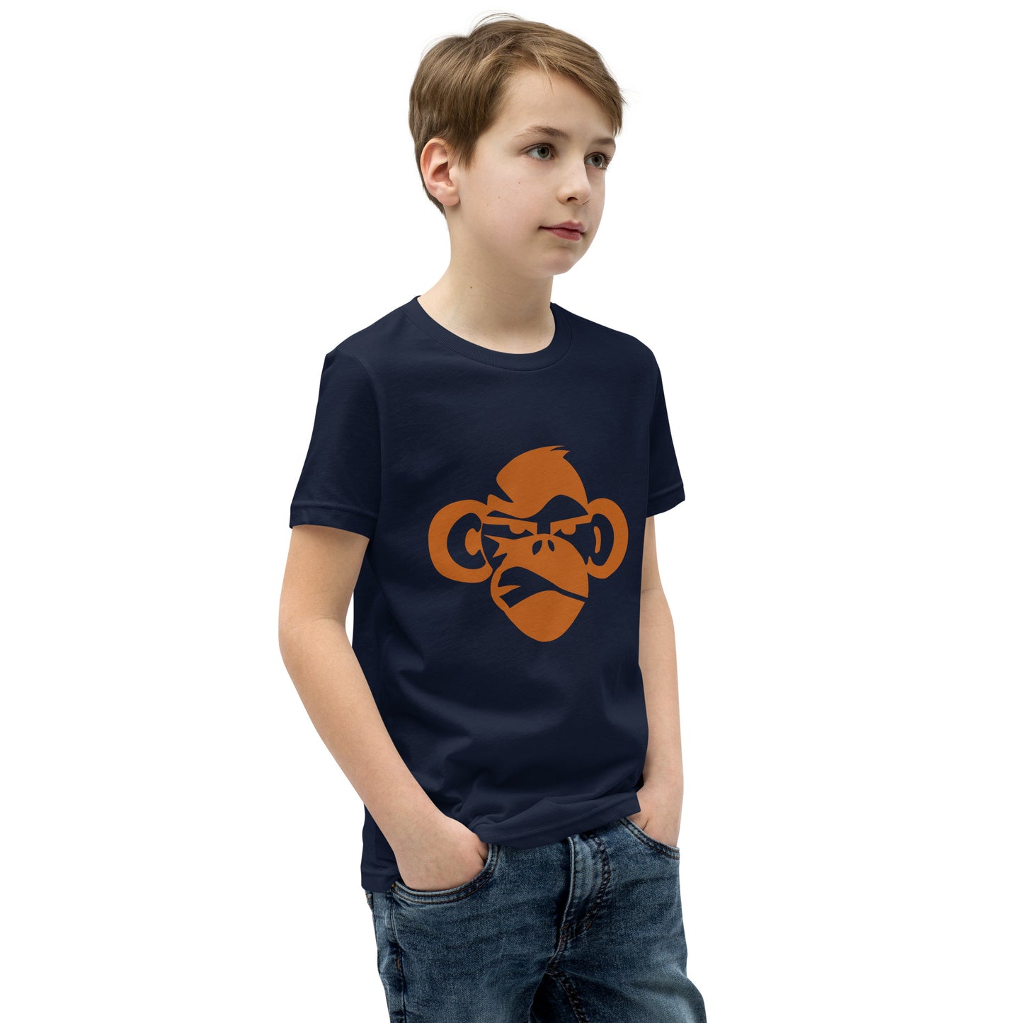 Youth with navy T-shirt with a print of a head of a monkey in color brown