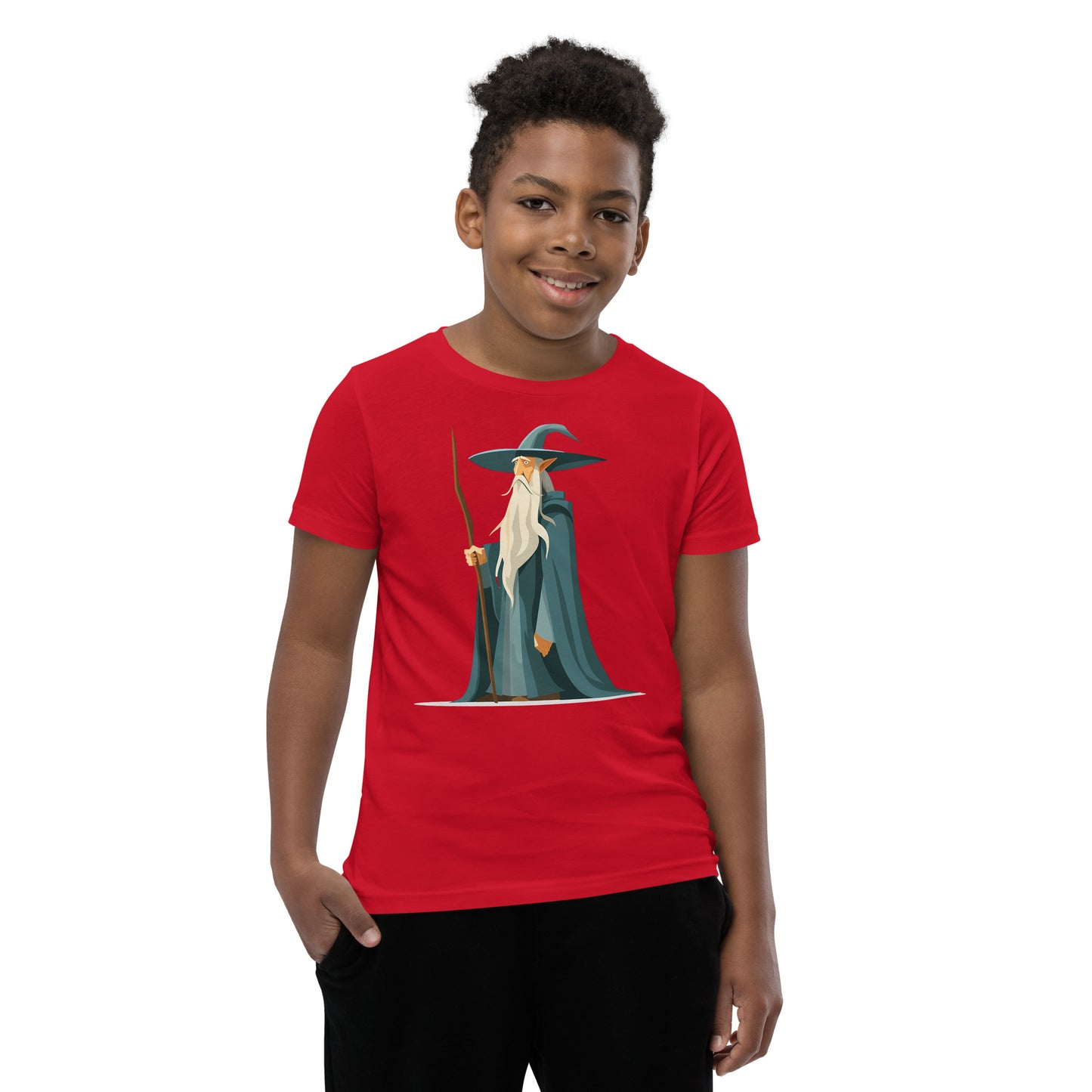Boy with a red T-shirt with a picture of a magician