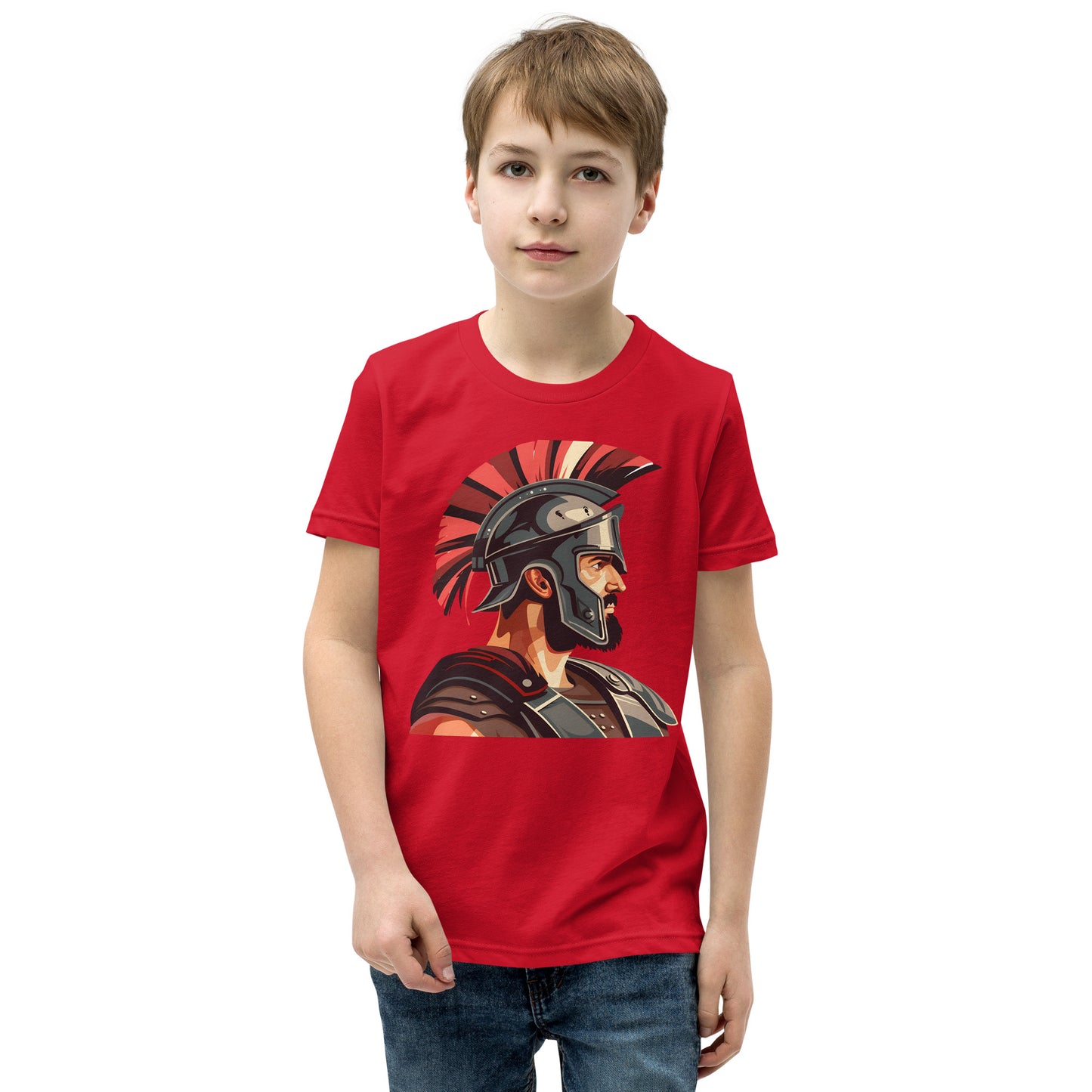 Teenager with a red T-shirt with a print of a warrior