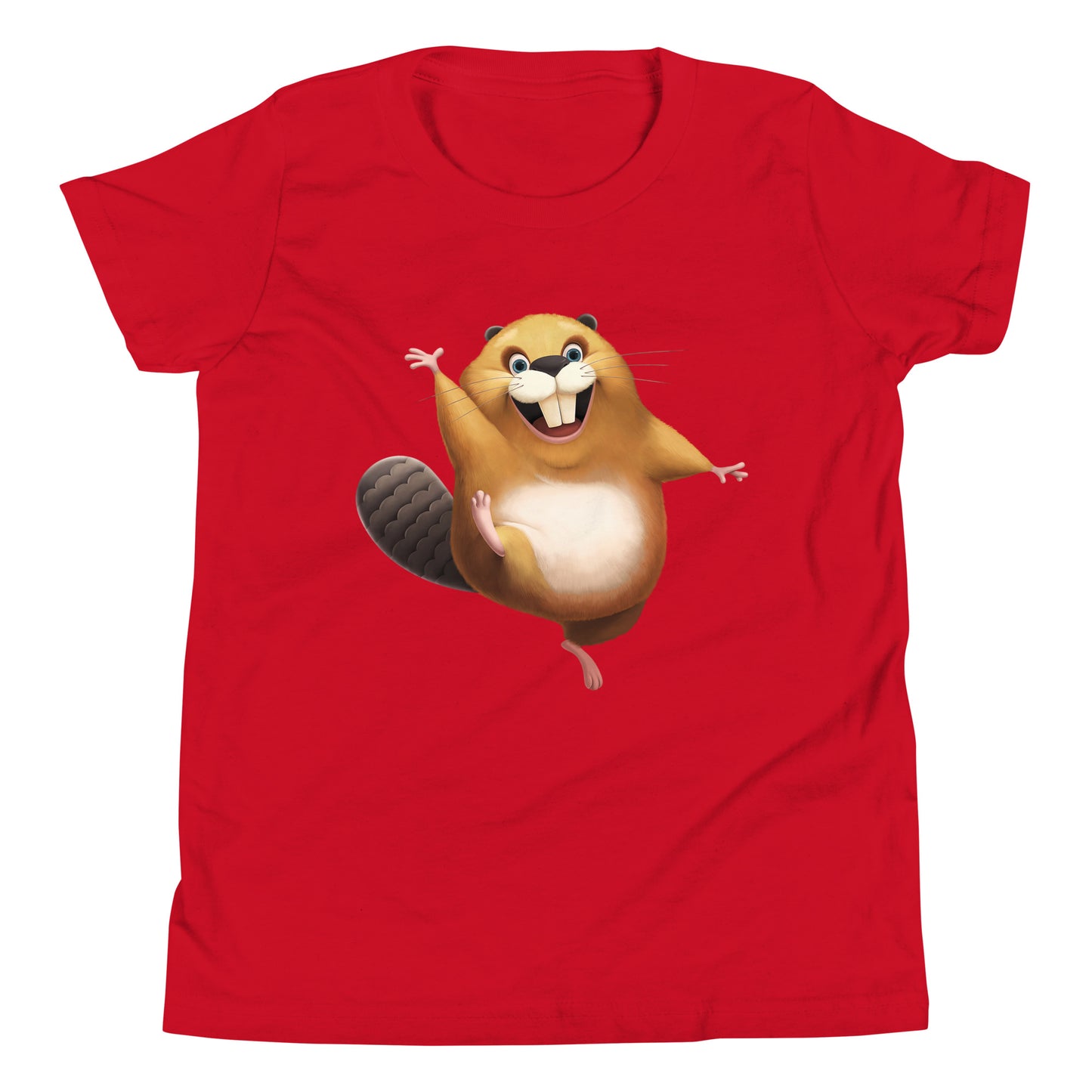 Red youth staple tee with happy beaver