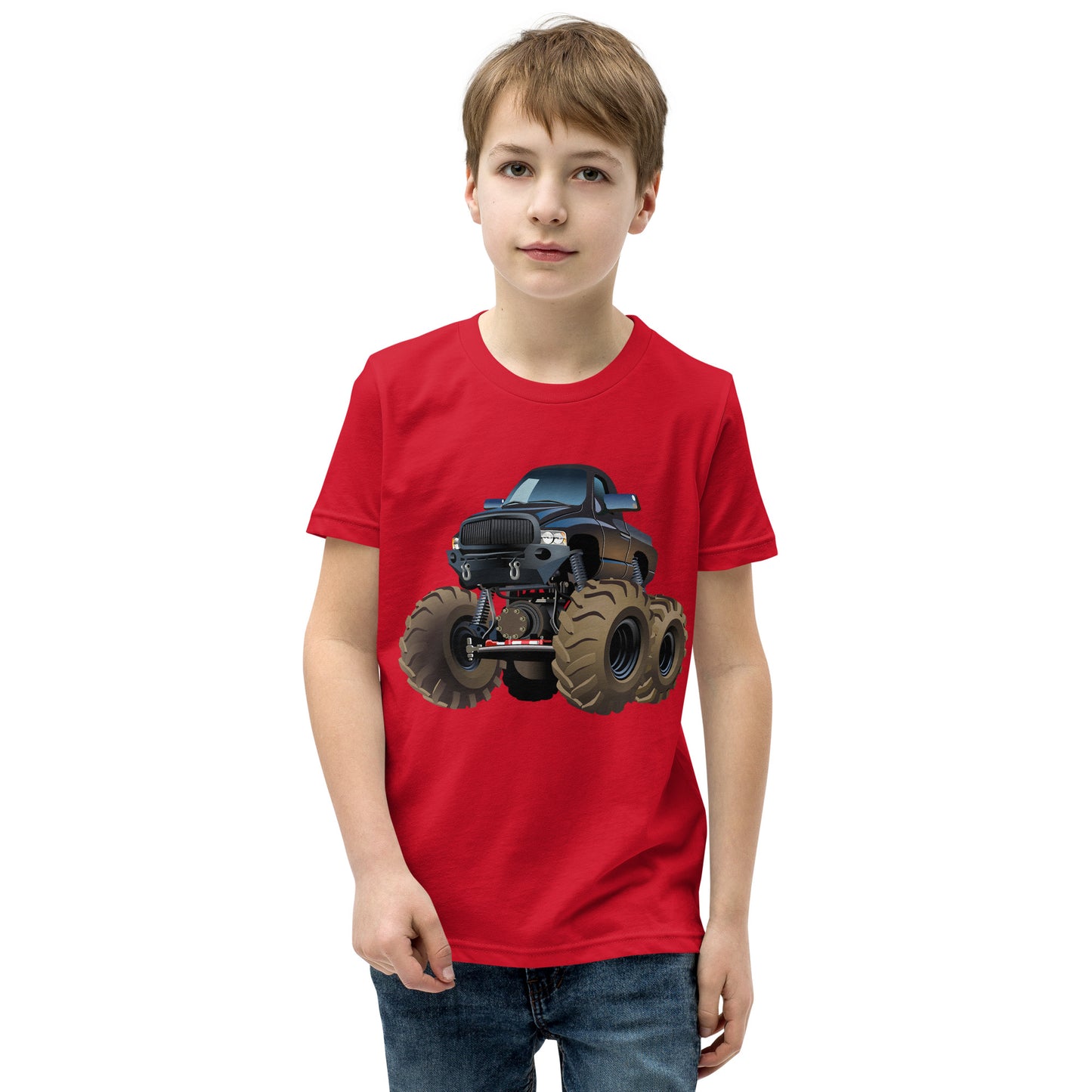 Boy with red T-shirt with picture of a monstertruck