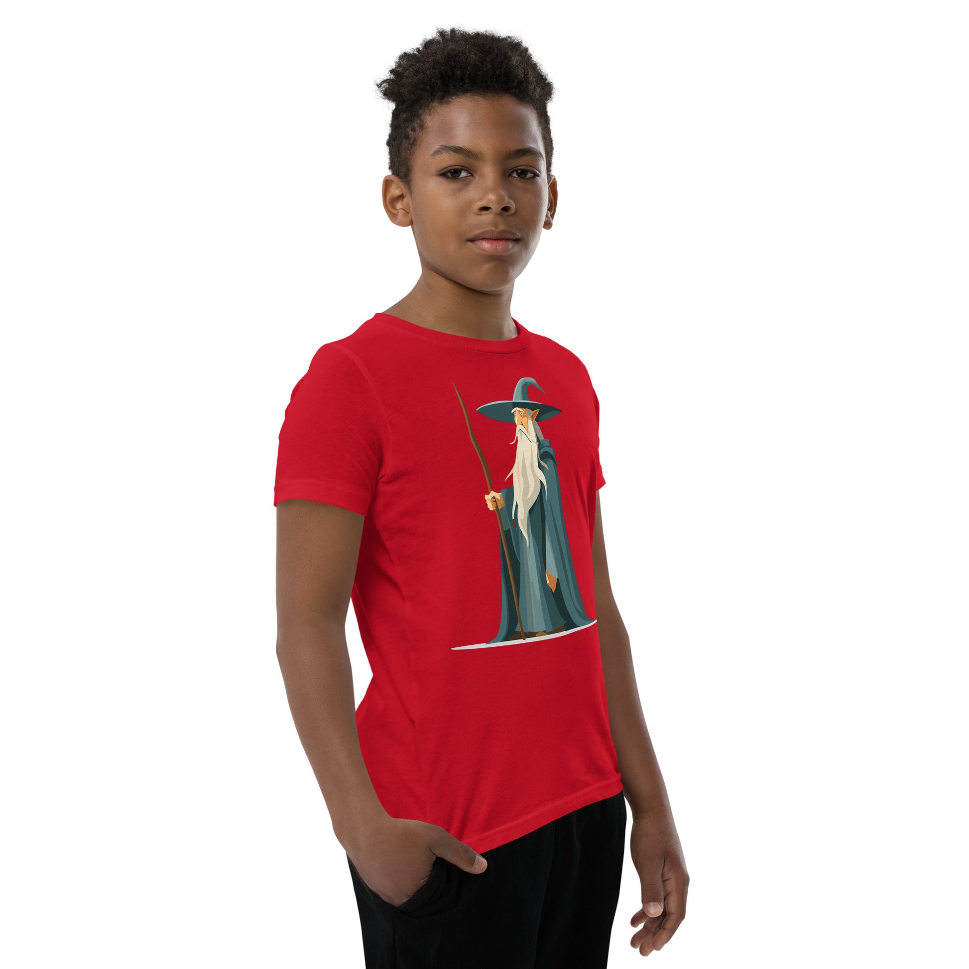 Boy with a red T-shirt with a picture of a magician
