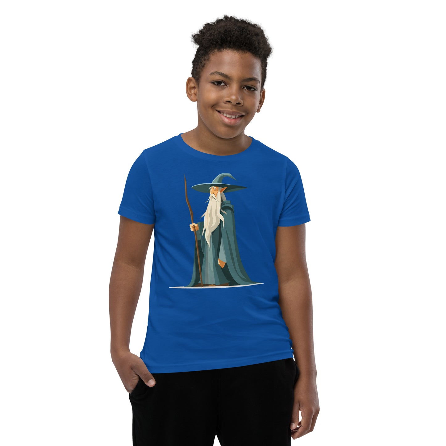 Boy with a royal blue T-shirt with a picture of a magician