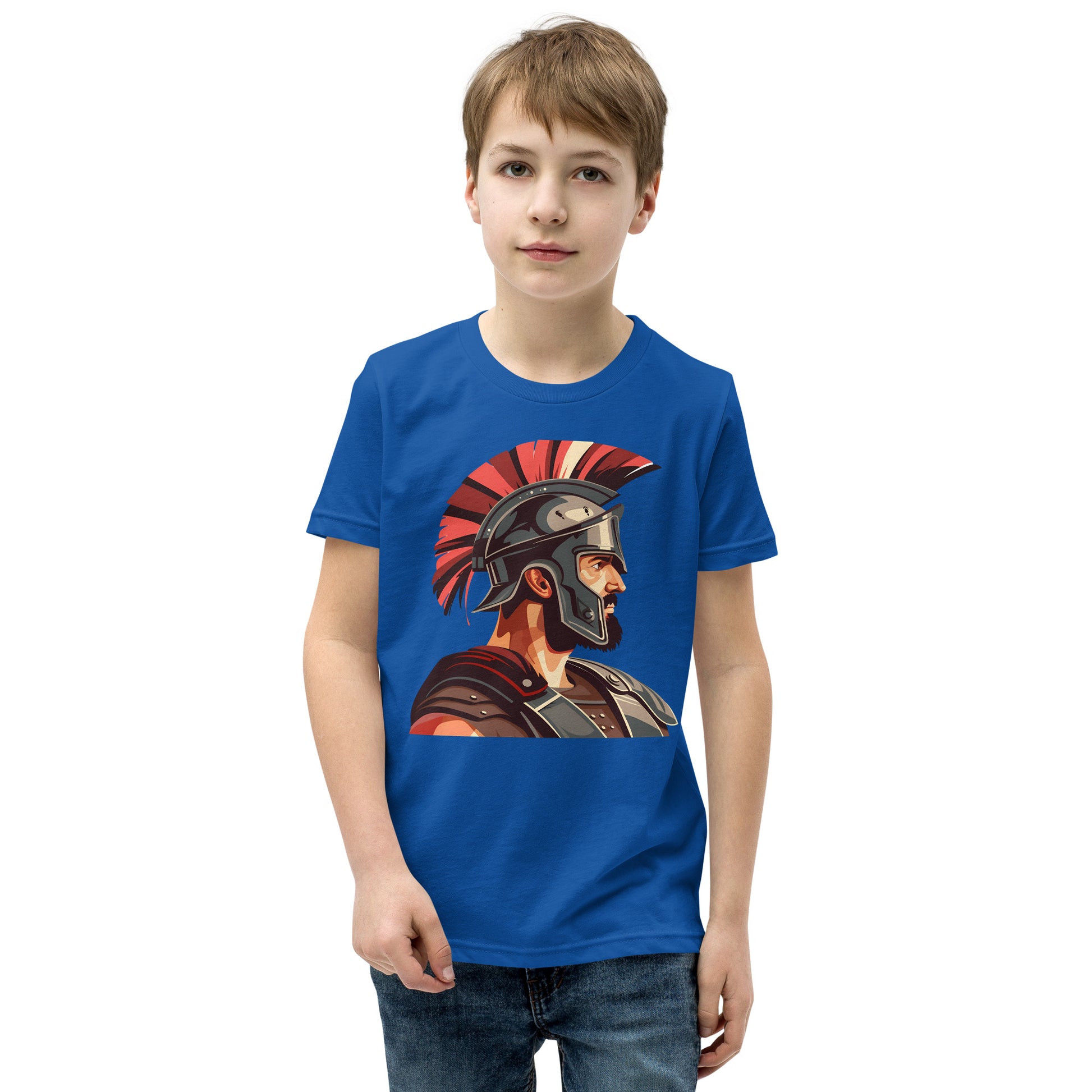 Teenager with a royal blue T-shirt with a print of a warrior
