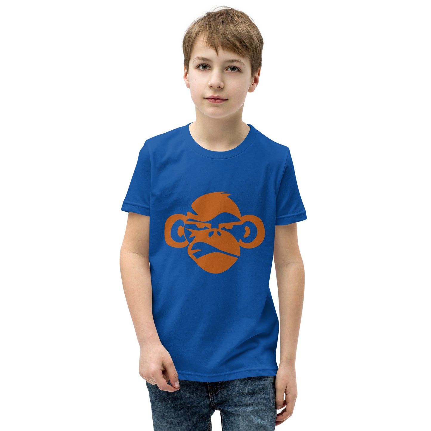 Youth with royal blue T-shirt with a print of a head of a monkey in color brown