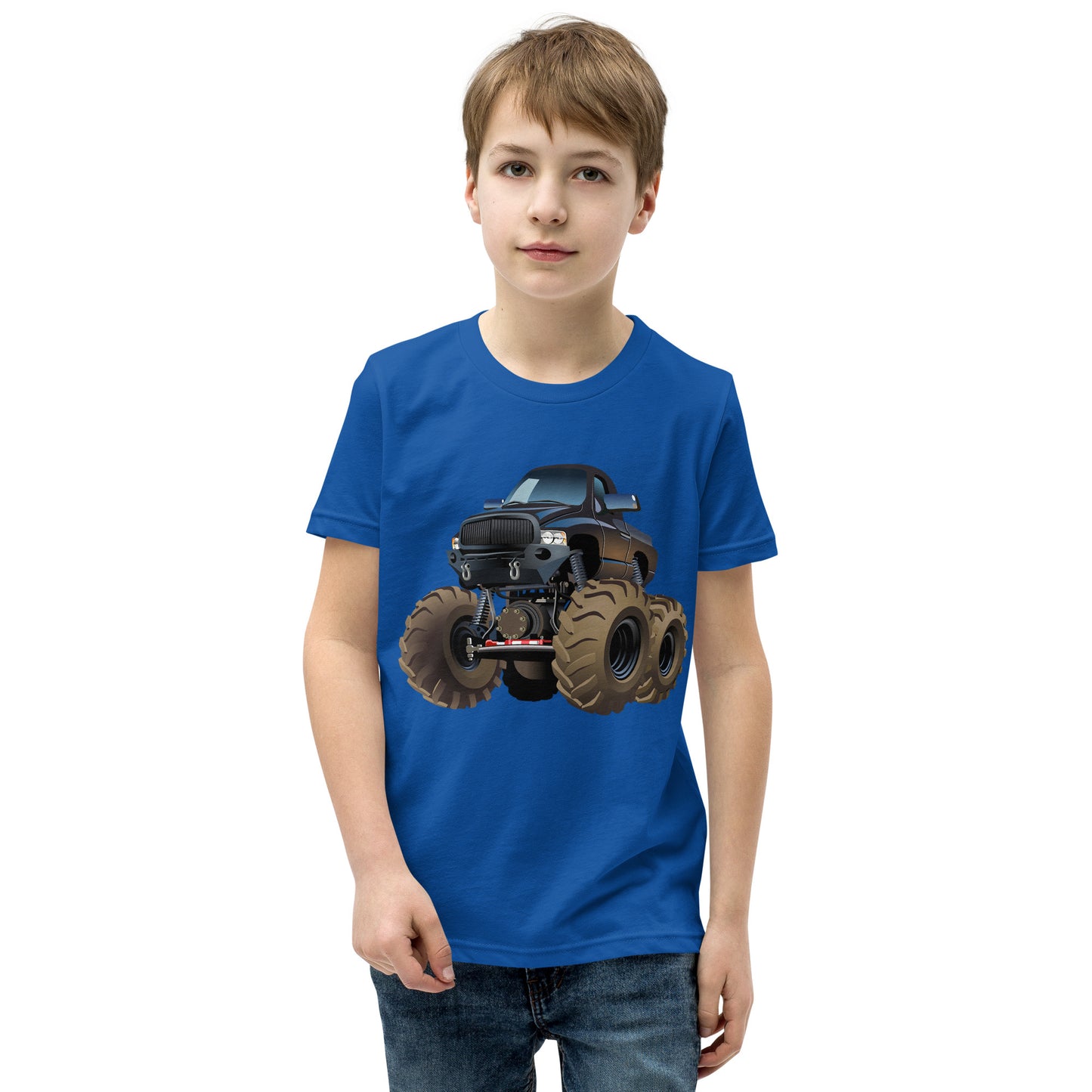 Boy with royal blue T-shirt with picture of a monstertruck