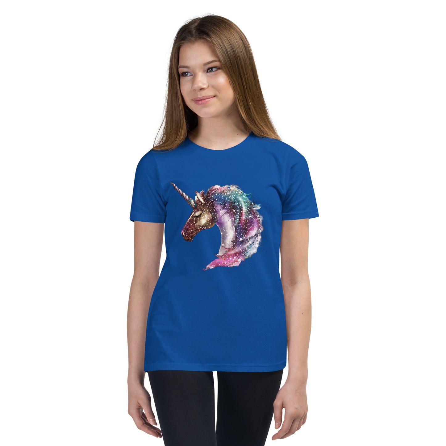 Girl with royal blue T-shirt with print of a unicorn