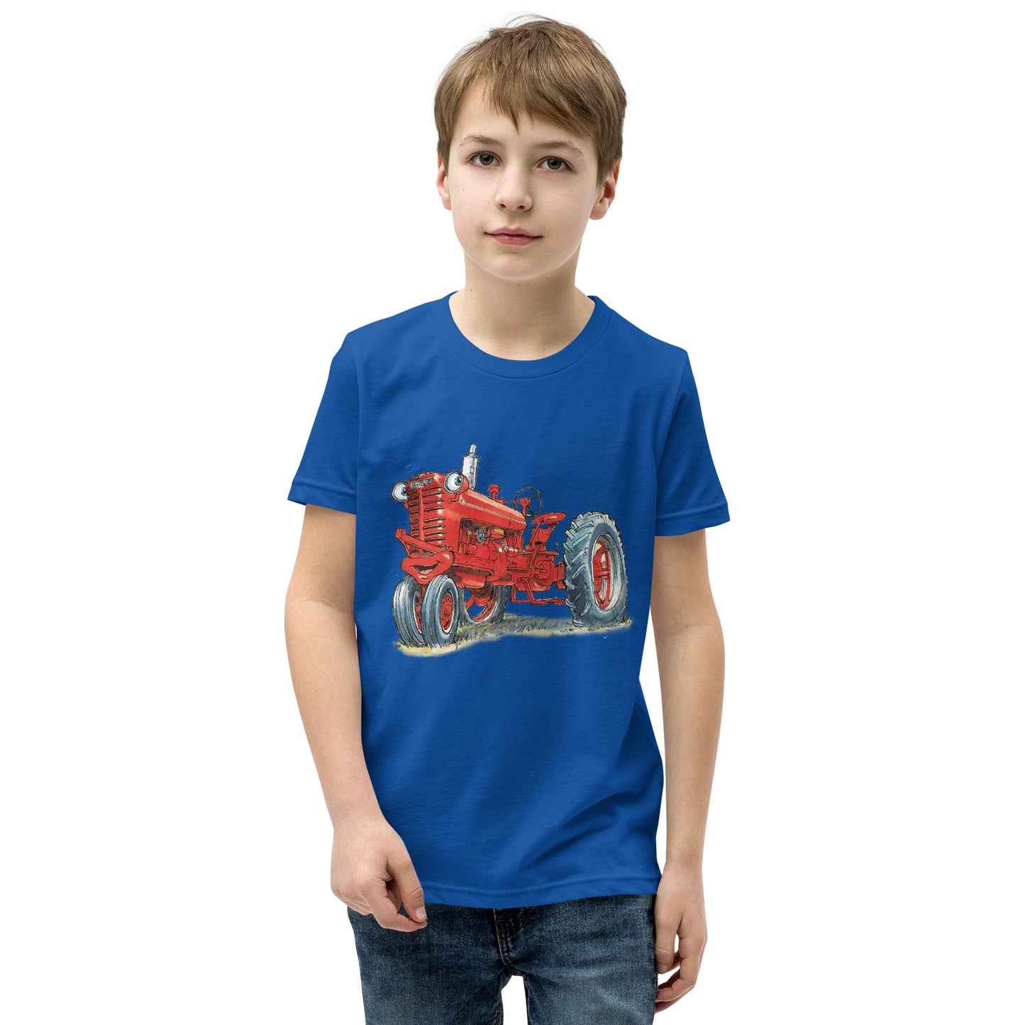 Youth Royal blue T-shirt with a print of a red tractor
