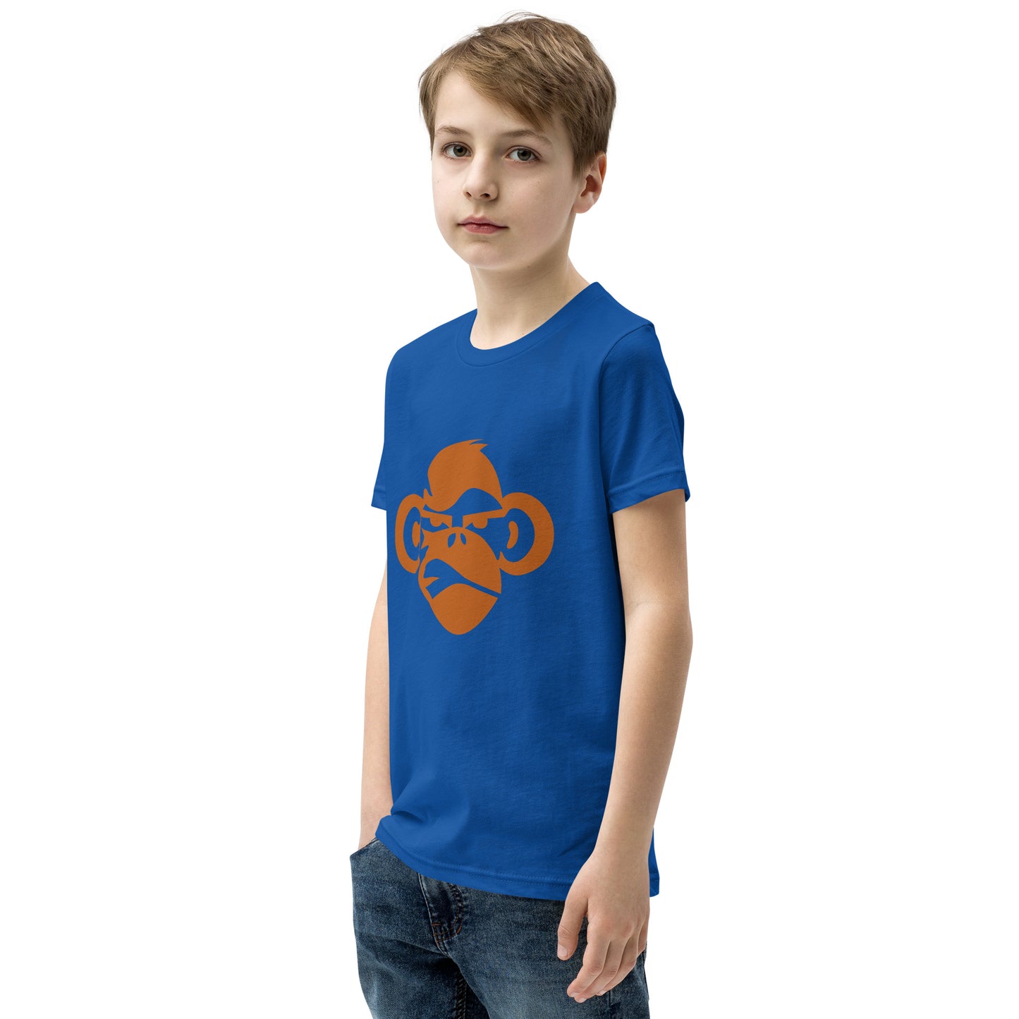 Youth with royal blue T-shirt with a print of a head of a monkey in color brown