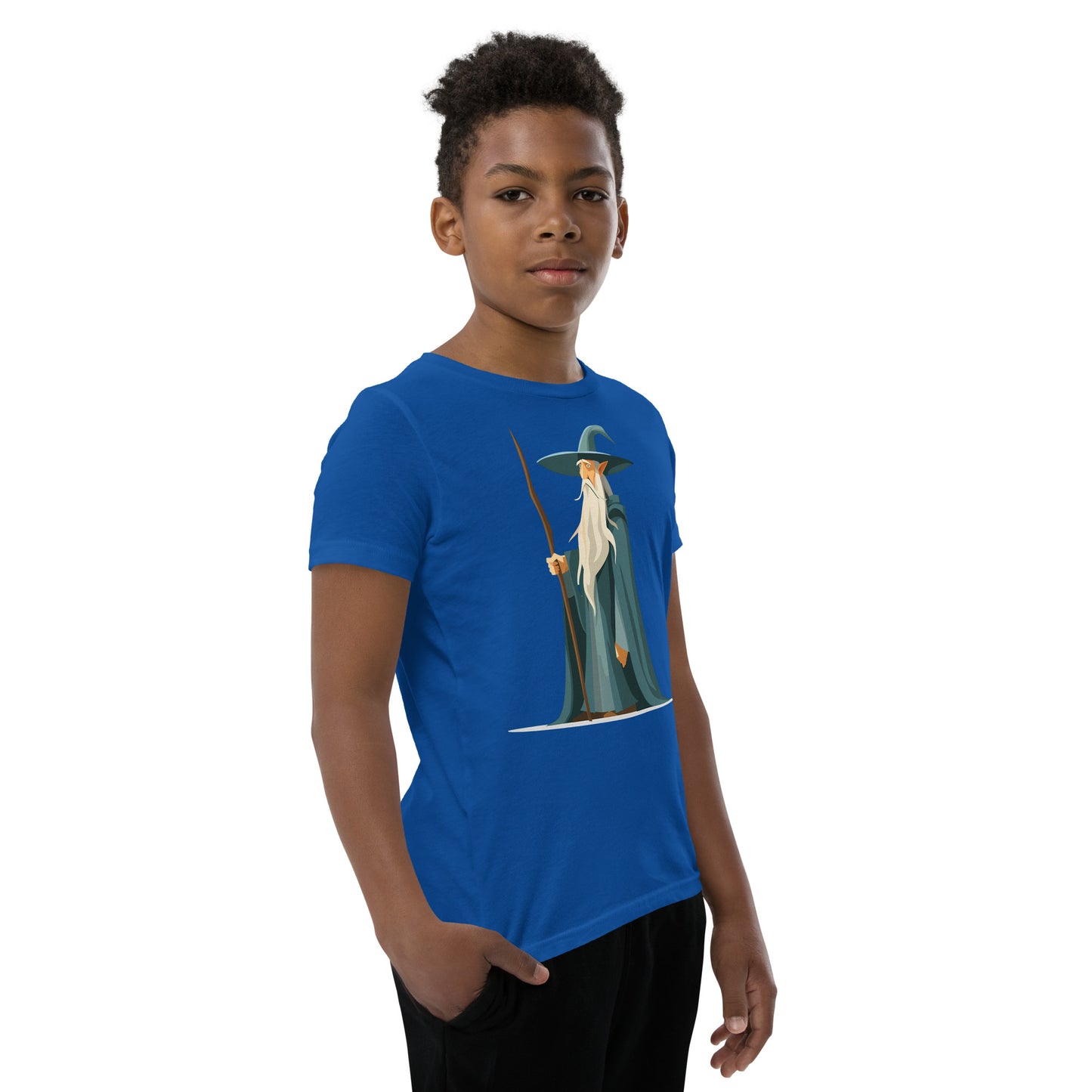 Boy with a royal blue T-shirt with a picture of a magician