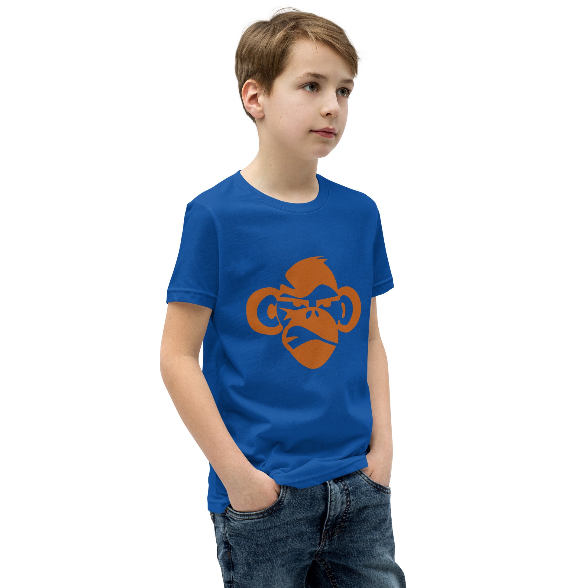 Youth with royal blue T-shirt with a print of a head of a monkey in color brown