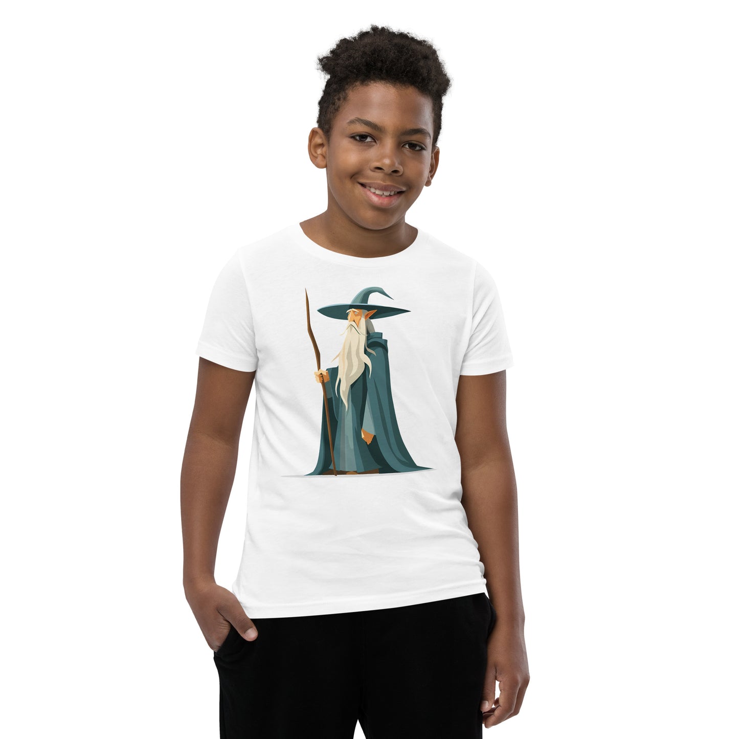 Boy with a white T-shirt with a picture of a magician