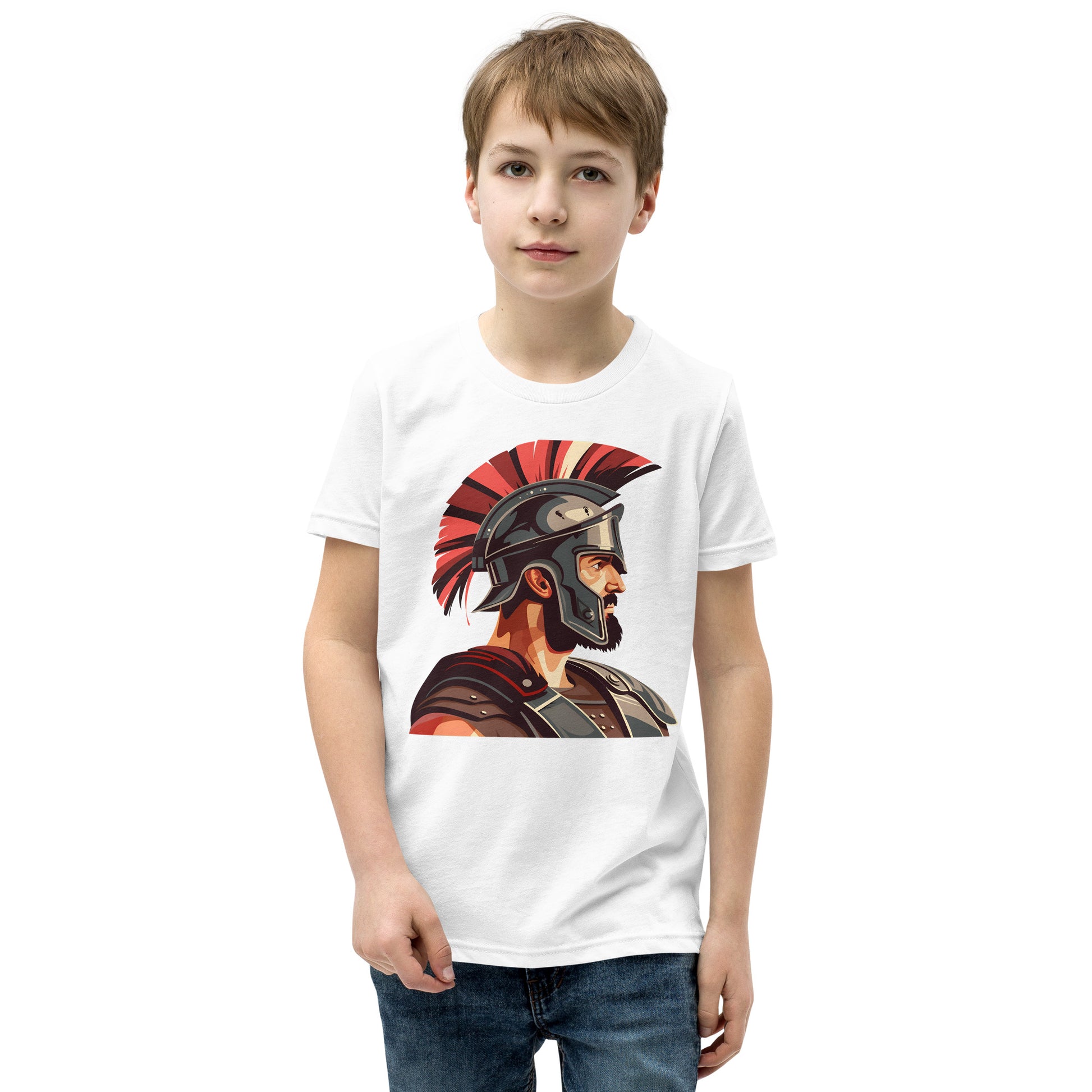 Teenager with a white T-shirt with a print of a warrior