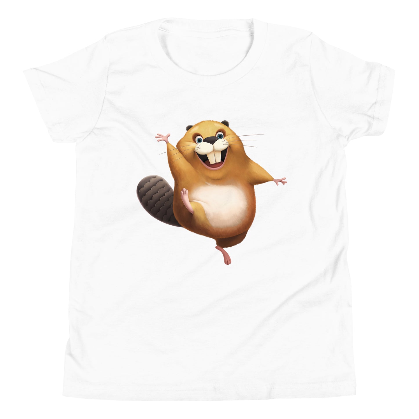 White youth staple tee with happy beaver