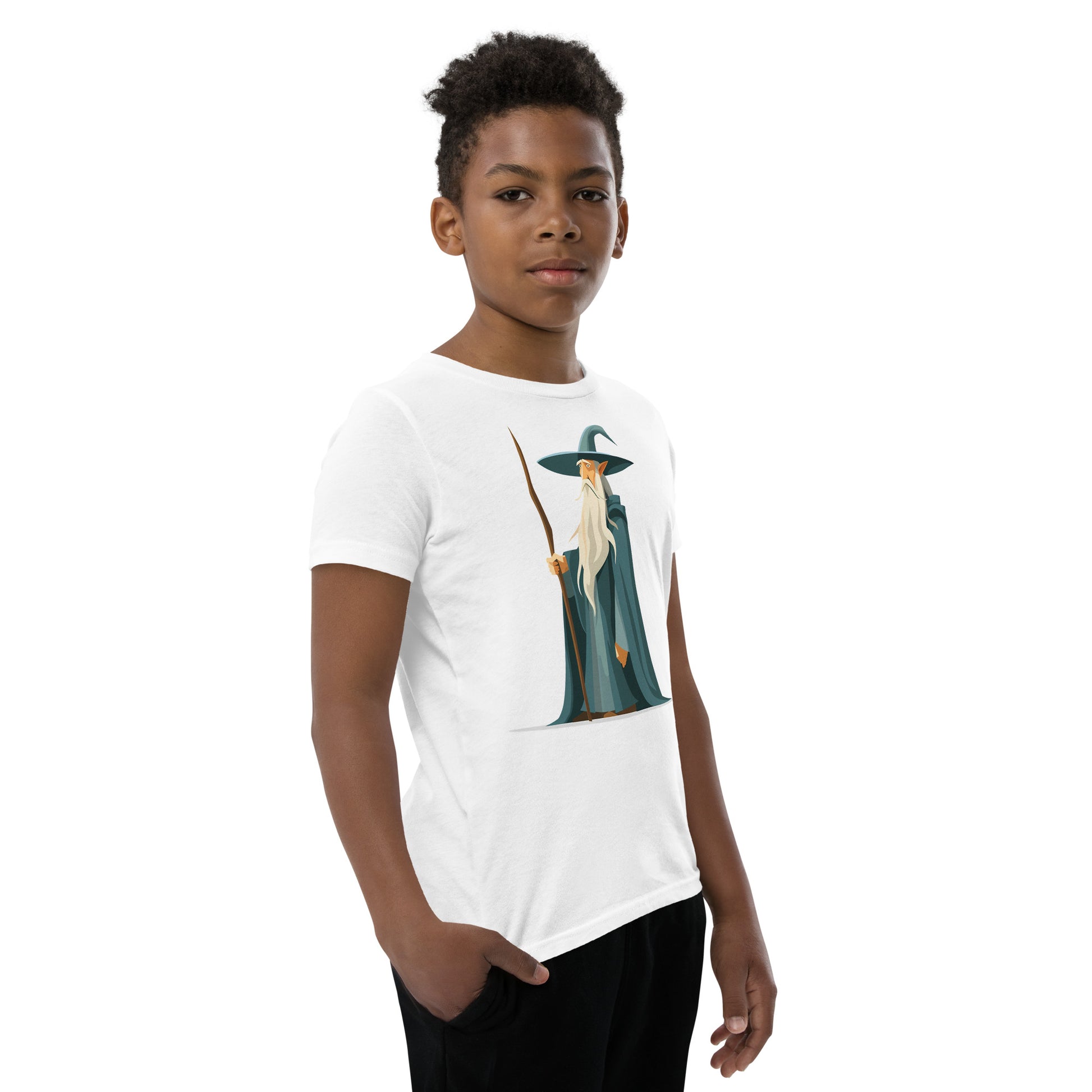 Boy with a white T-shirt with a picture of a magician
