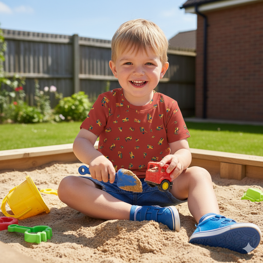 Brown T-shirt for kids (boys and girls) with print of construction vehicles