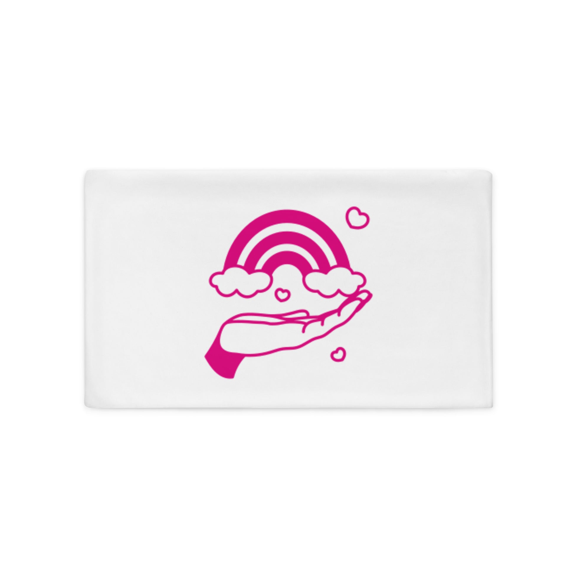 With pillow case with picture of rainbow and hand in pink