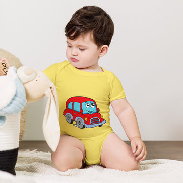 baby with yellow short sleeve one piece with picture of a red car