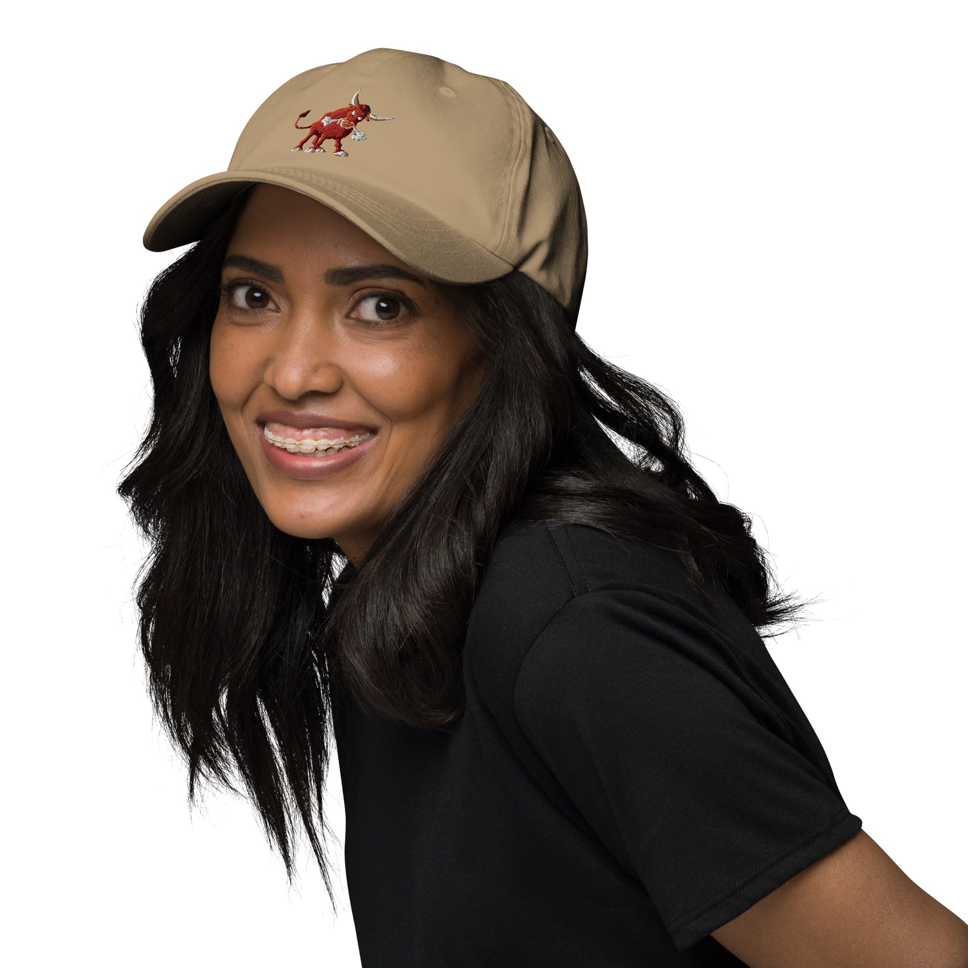 khaki baseball cap with bull