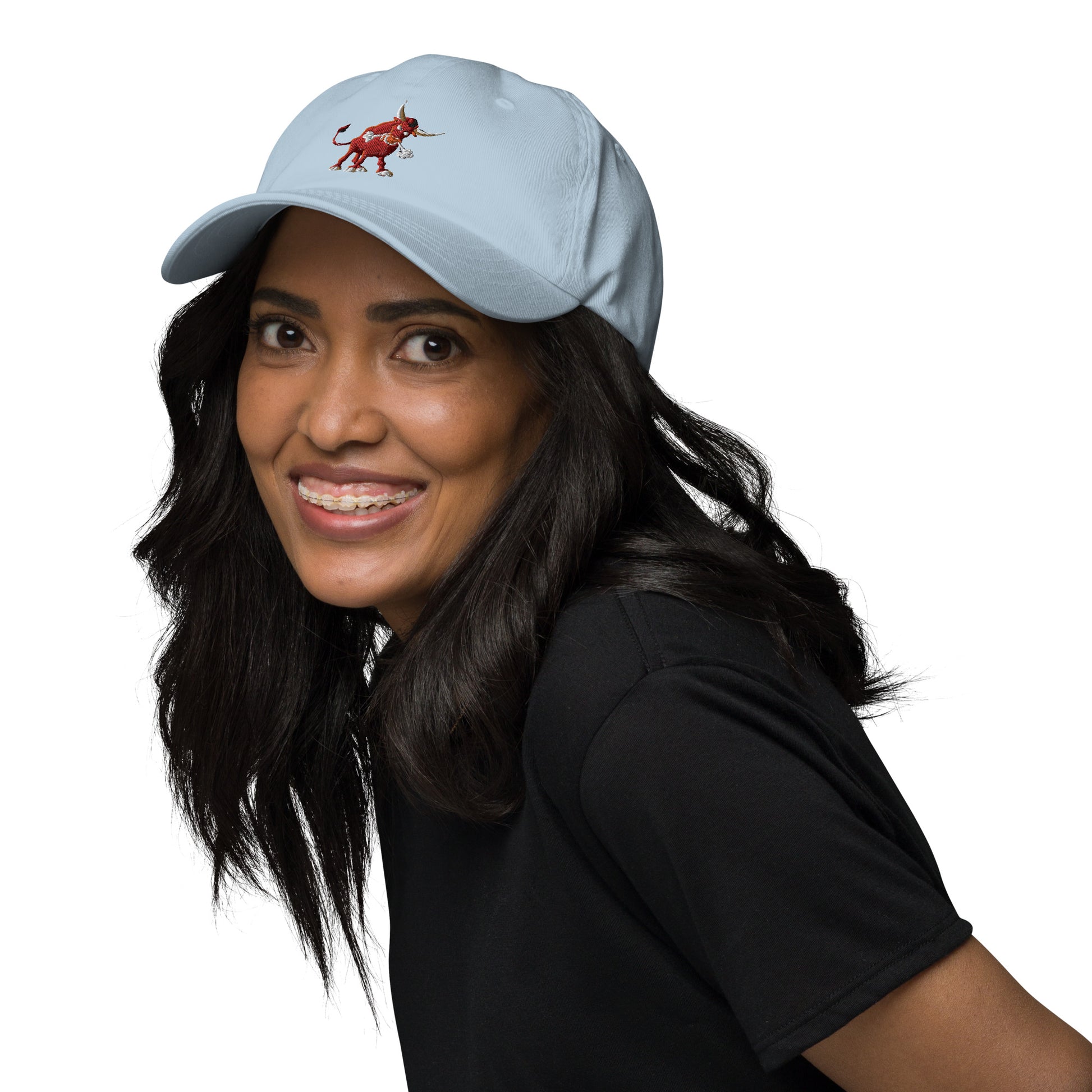 light blue baseball cap with bull