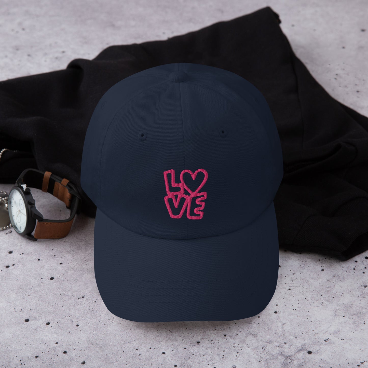 Navy Hat with the pink letters LOVE with the O in heart shape