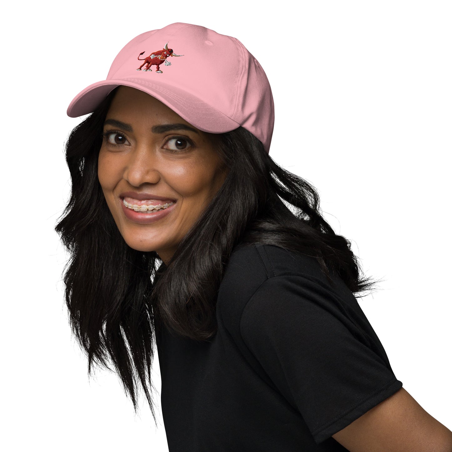 pink baseball cap with bull