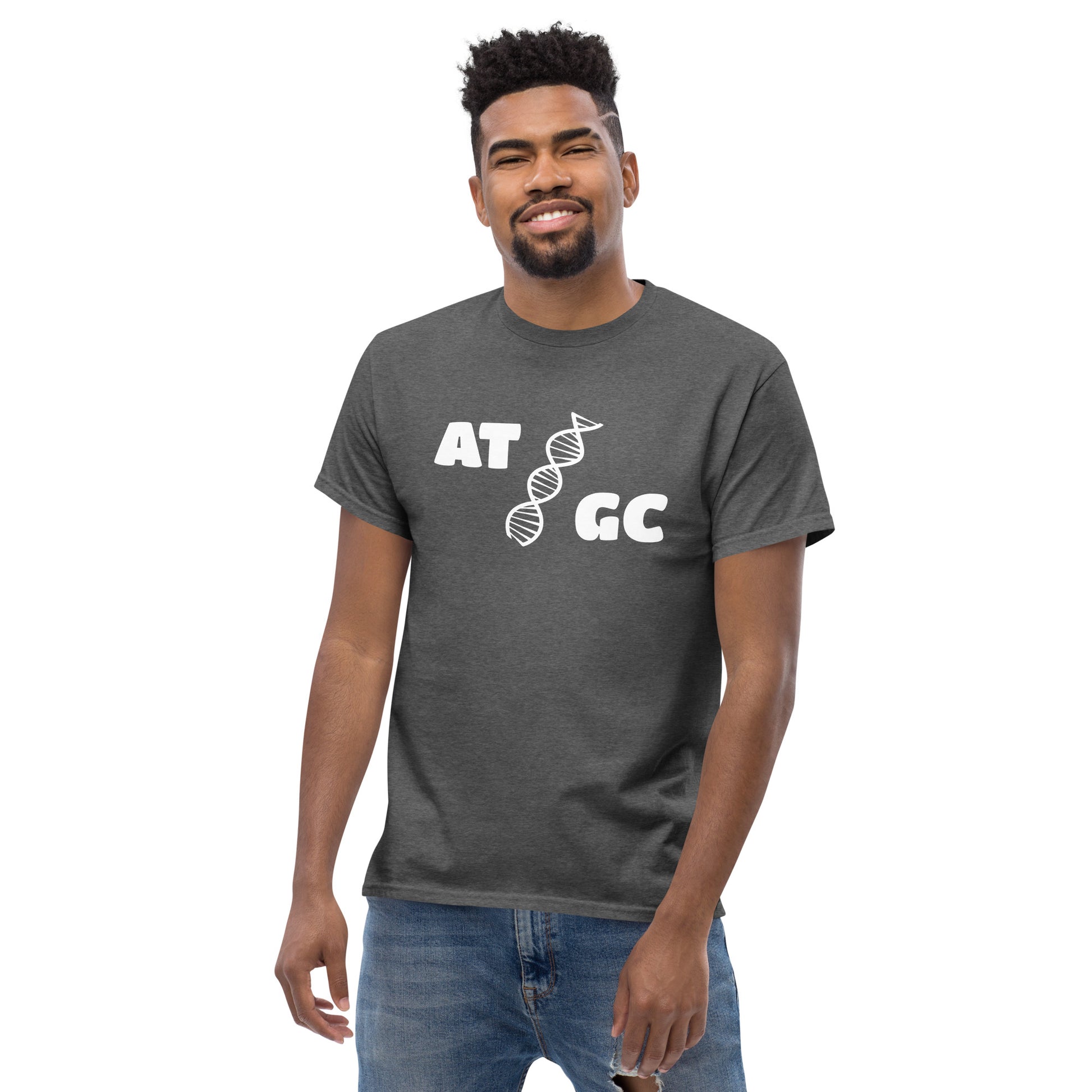 Men with dark grey t-shirt with image of a DNA string and the text "ATGC"