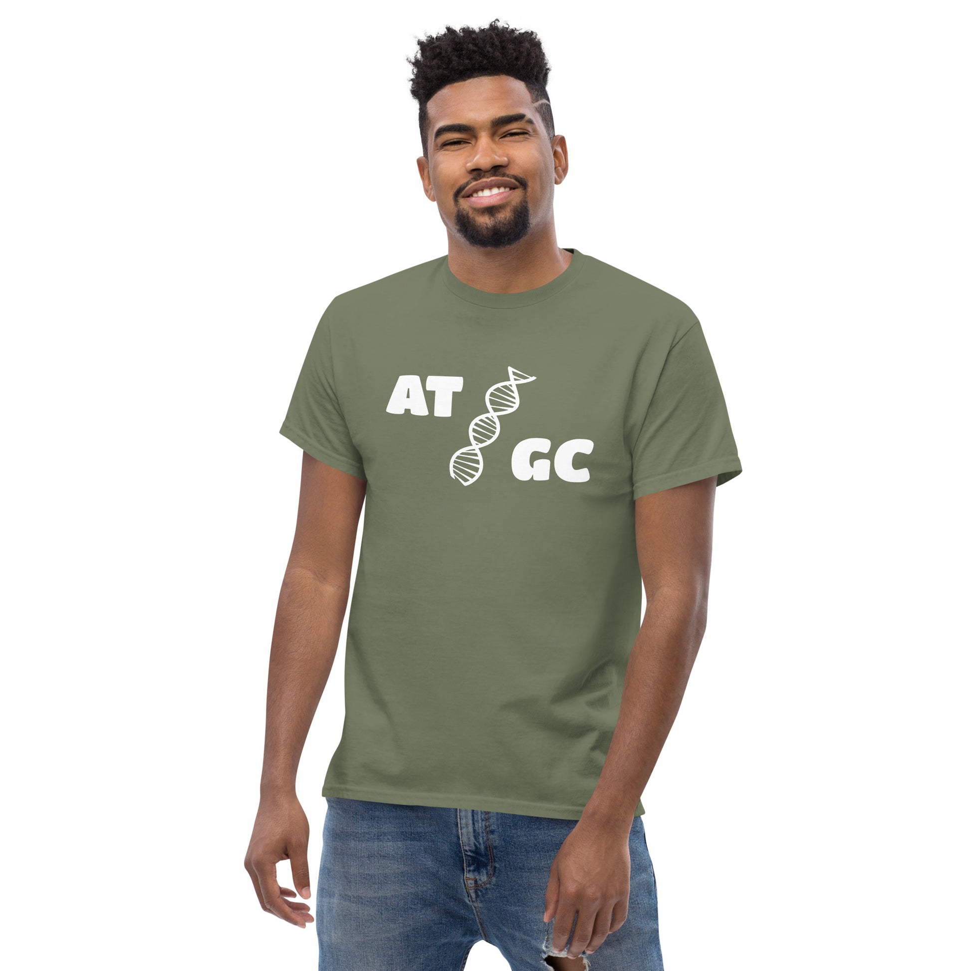 Men with military green t-shirt with image of a DNA string and the text "ATGC"