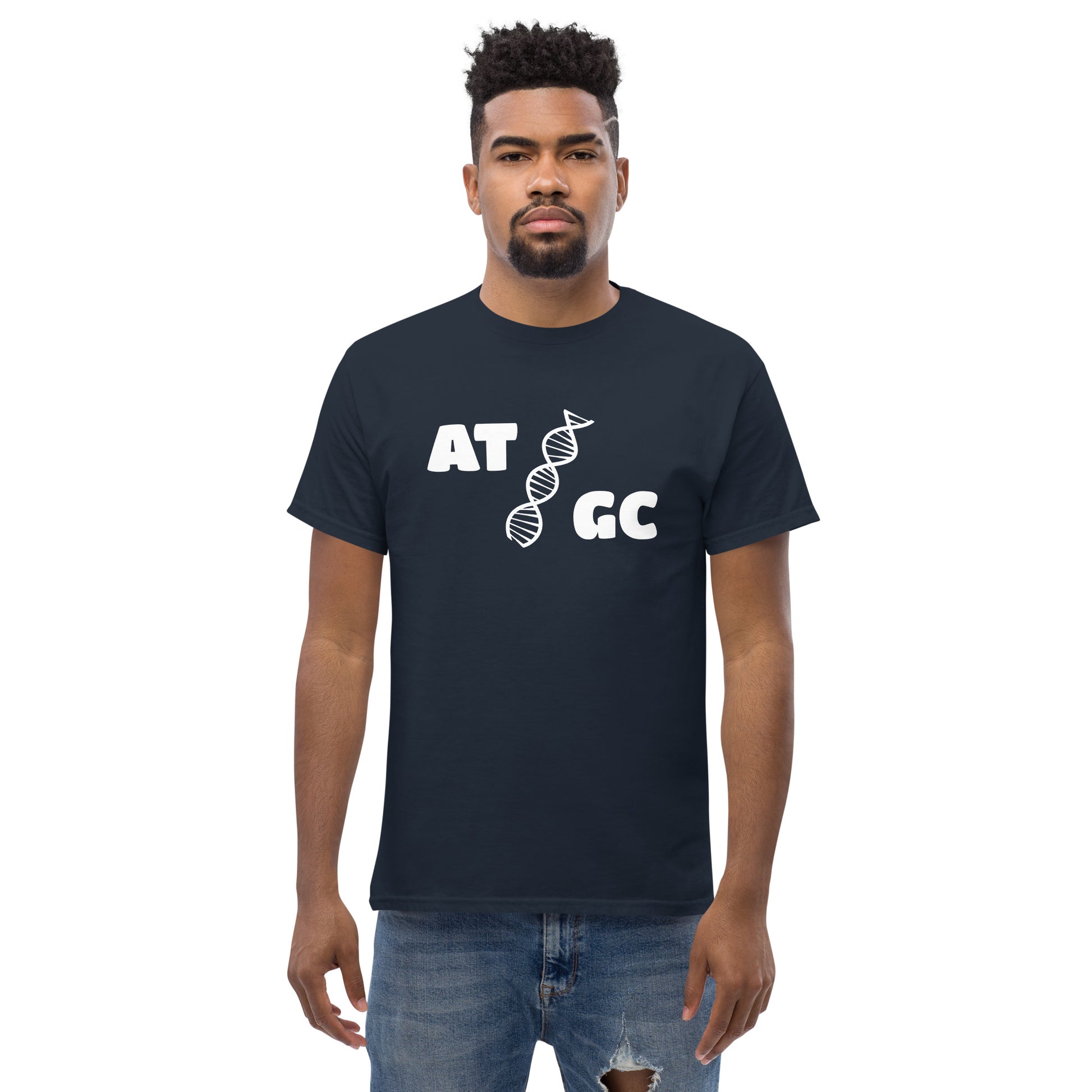 Men with navy blue t-shirt with image of a DNA string and the text "ATGC"