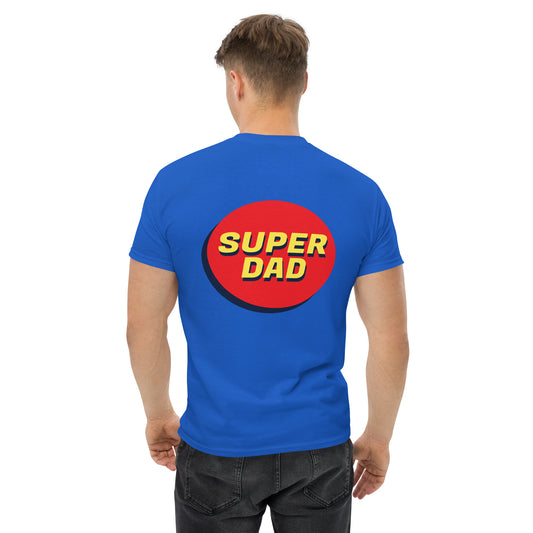 Men with royal blue T-shirt and Super dad on the back 