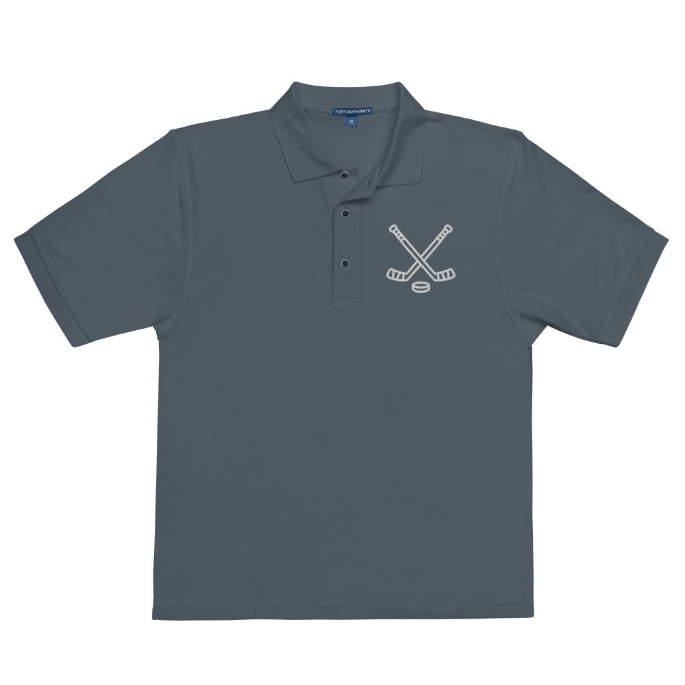 Steel grey poloshirt with print of hockeysticks and puk