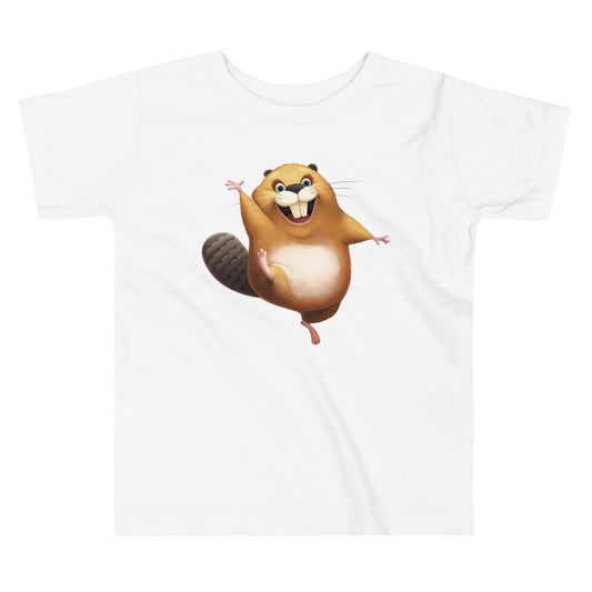 White toddler staple tee with happy beaver