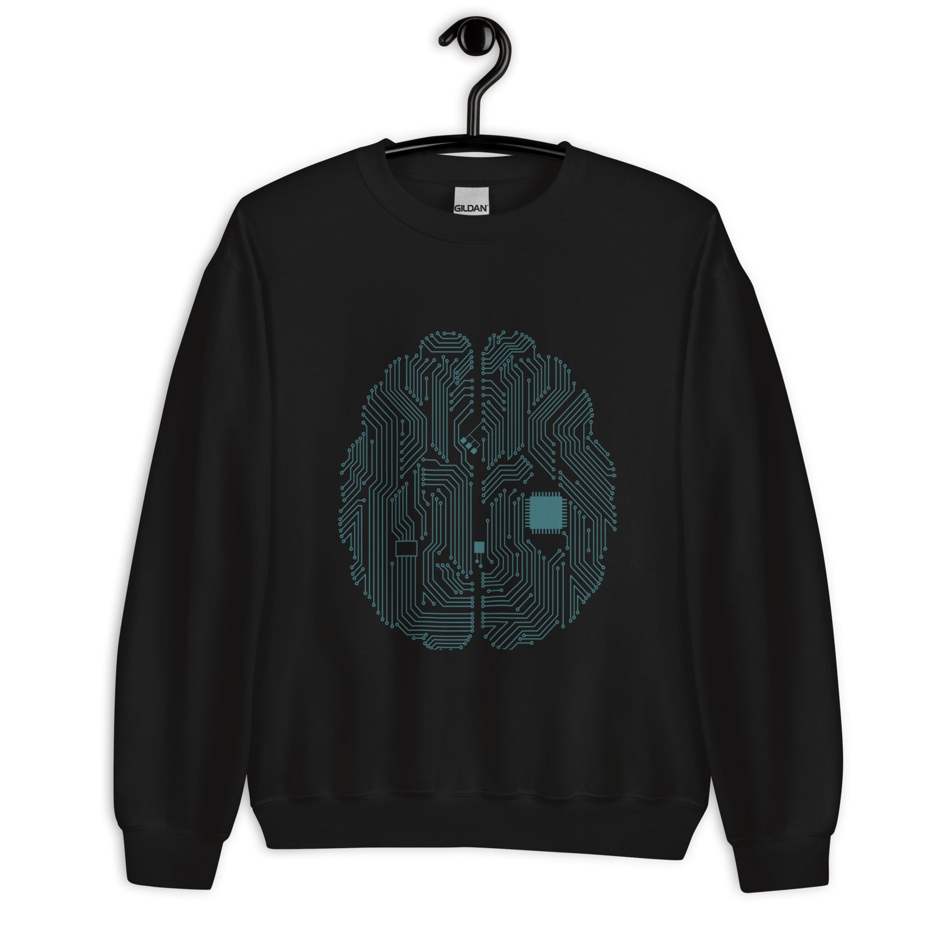 Black sweatshirt for men and women with a prinf of a CPU brain