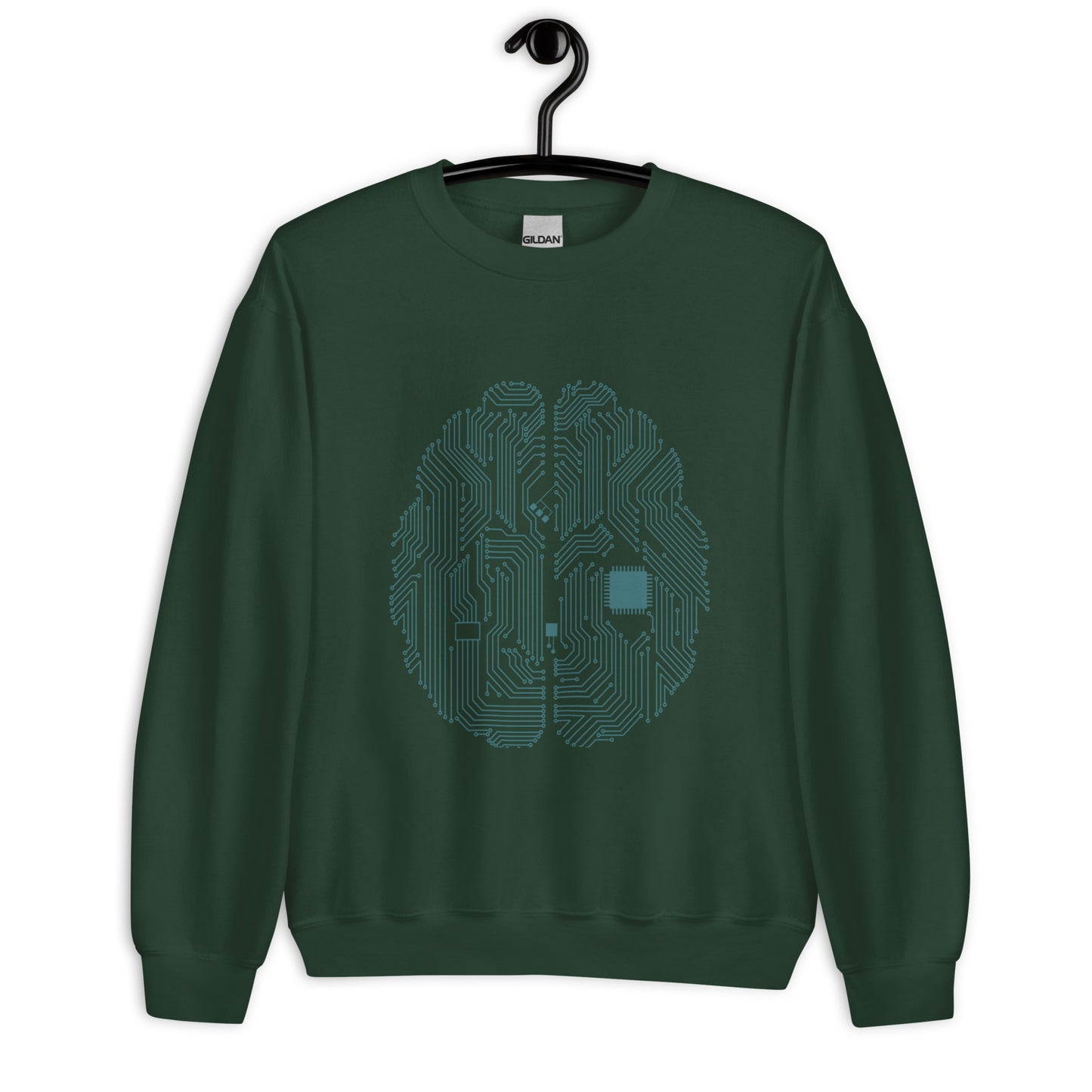 Forest green sweatshirt for men and women with a prinf of a CPU brain