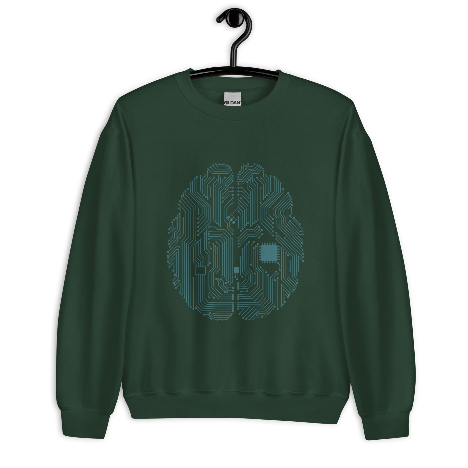 Forest green sweatshirt for men and women with a prinf of a CPU brain