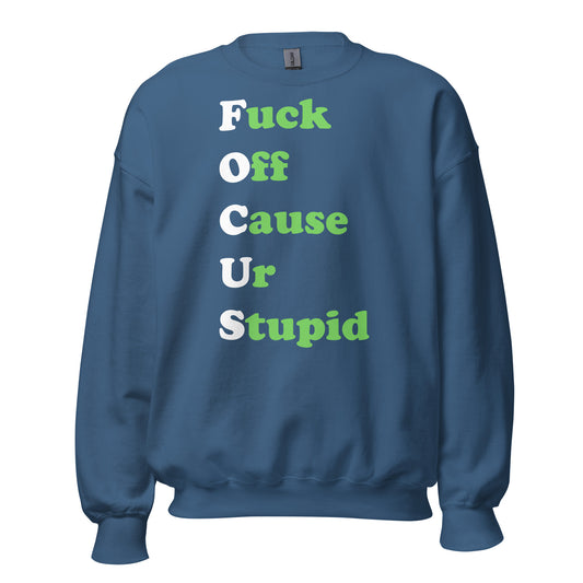 Blue Sweatshirt with on front of it "Fuck Off Cause Ur Stupid"