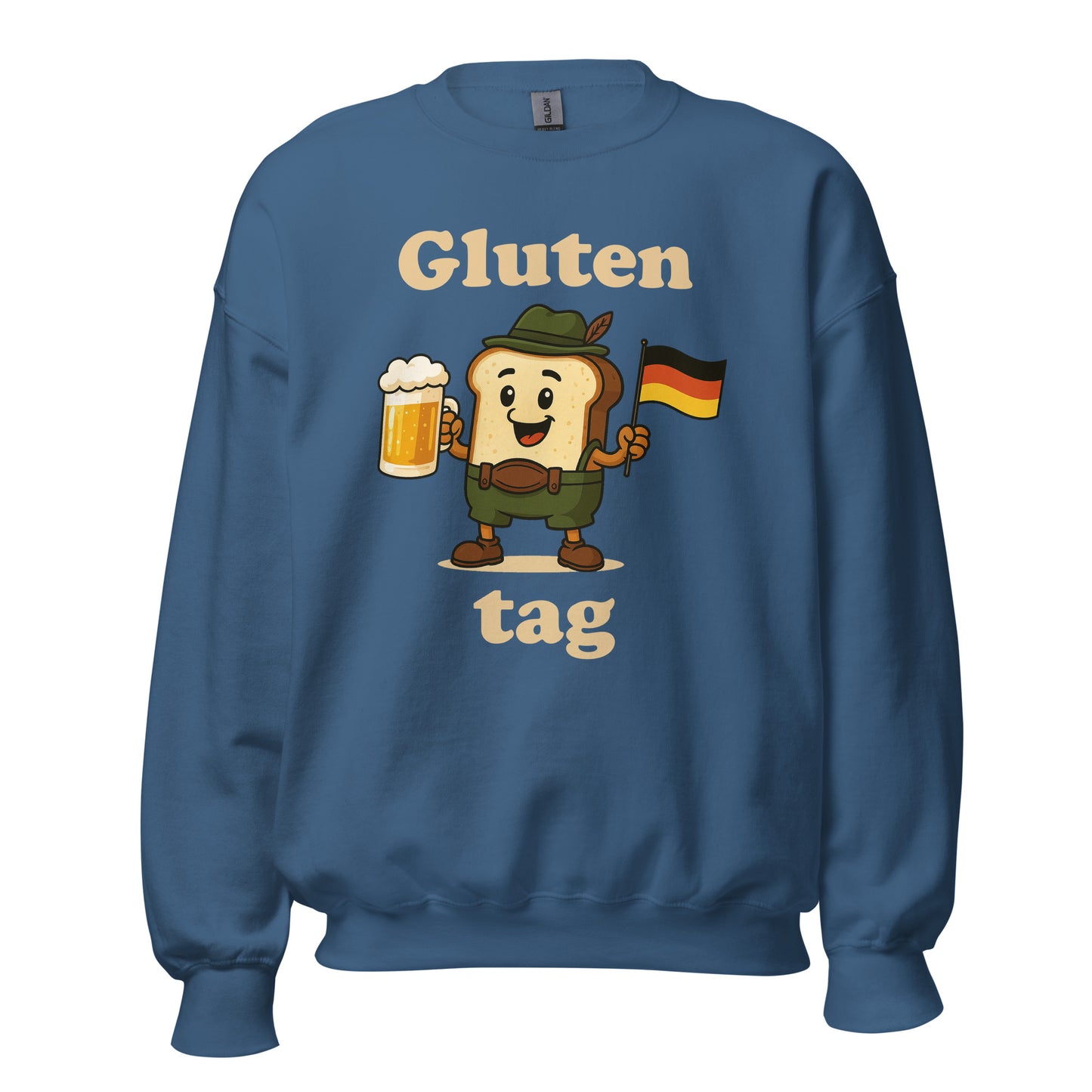 Blue  sweater with a toast with lederhosen and a glass of bier and a german flaggue