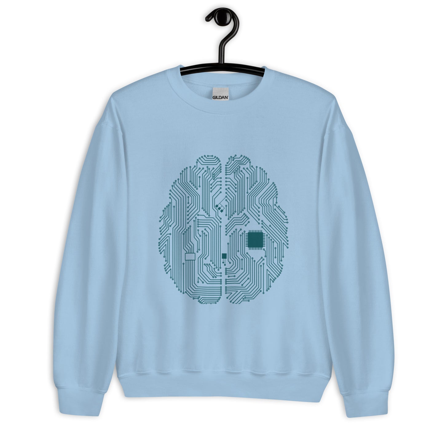 Light blue sweatshirt for men and women with a prinf of a CPU brain